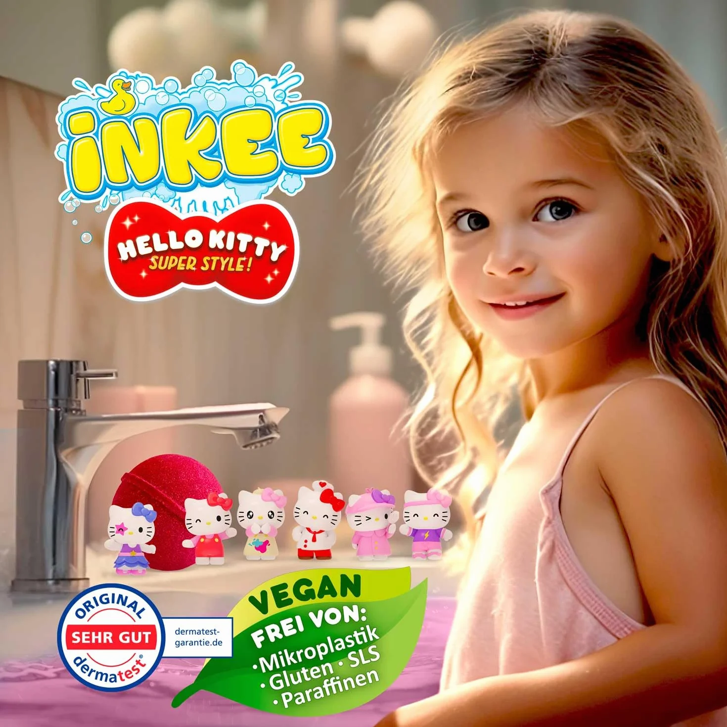 INKEE Hello Kitty – Bomba da bagno per bambini con sorpresa – 1 di 6 personaggi Hello Kitty da collezionare – Palla da bagno 80 g con aroma di anguria e olio di jojoba, rosa o rosso
