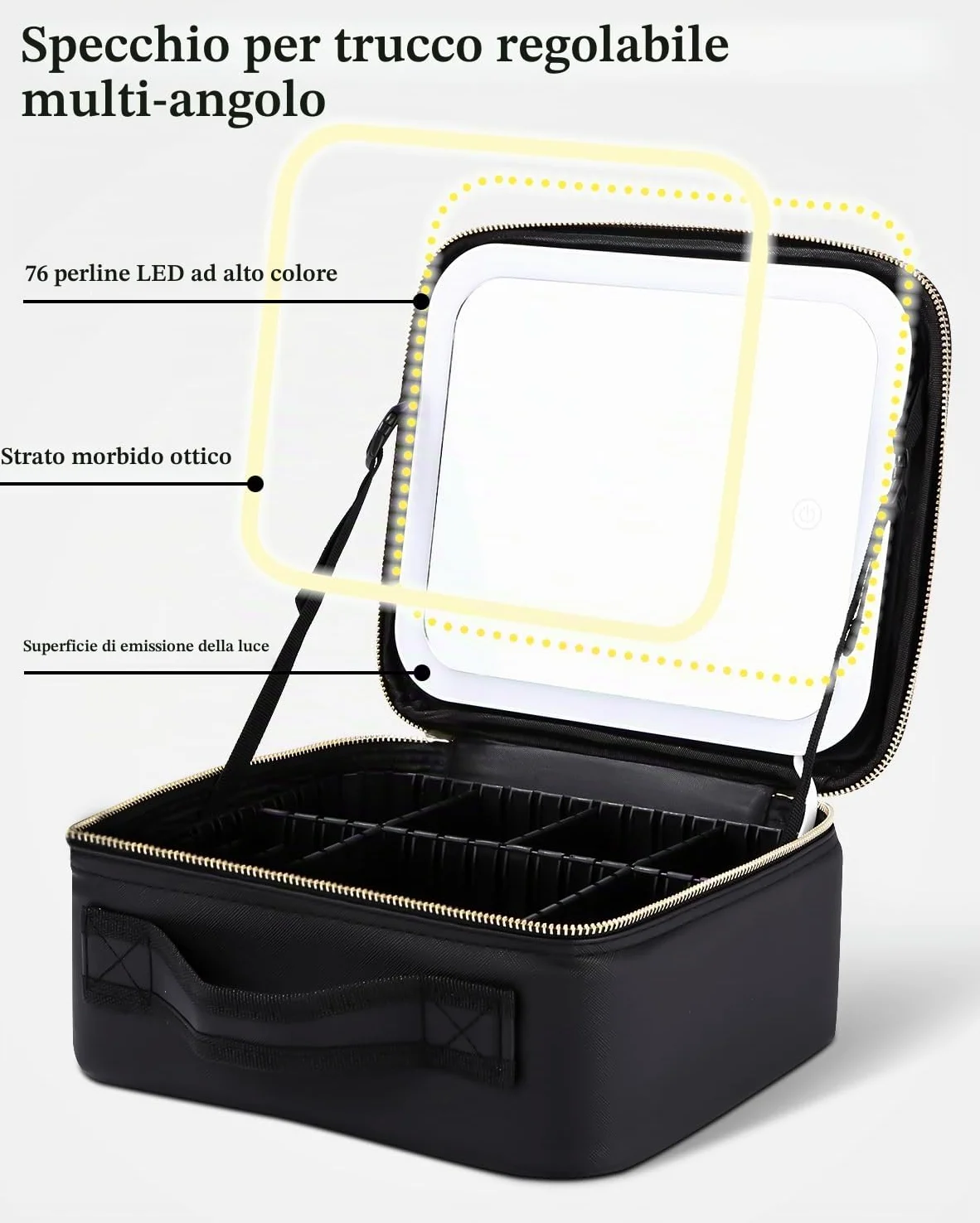 Borsa Cosmetici Con Specchio Led,Valigetta Trucco Portatile con Divisori Regolabili,Porta Trucchi Con Specchio Con 3 Modalità Illuminazione,Cosmetico Impermeabile Strumenti Trucco Accessori per Donna