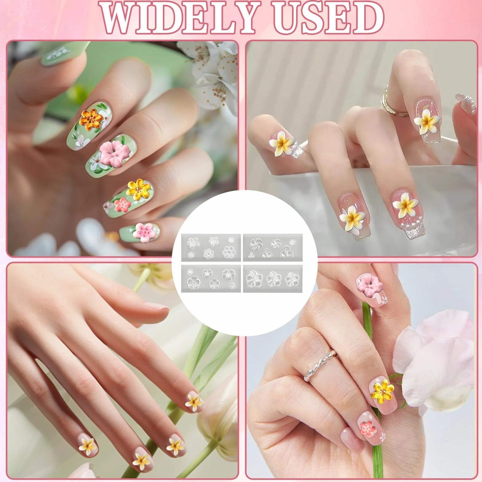 4 stampi in silicone per unghie a forma di fiore, stampi per nail art in gel 3D, stencil floreali, strumenti di design fai da te, accessori per manicure e decorazioni
