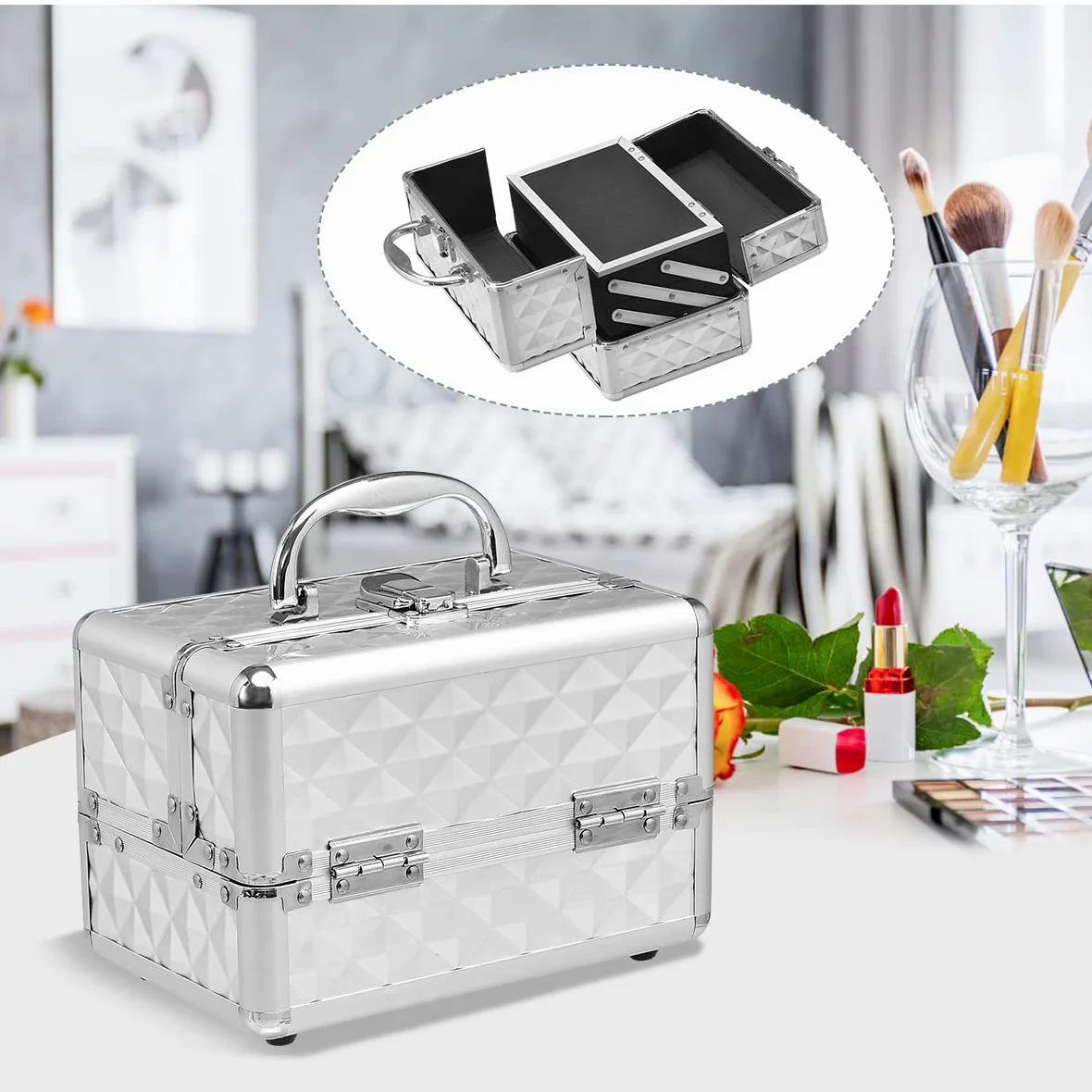 LIFEZEAL Valigetta Rigida Professionale per Trucchi a 3 Livelli, Porta Cosmetici, Trousse, Scatola, Beauty Case, Organizer Makeup, con Specchio, Manico e Chiusura, 23x15x18 cm, Argentato