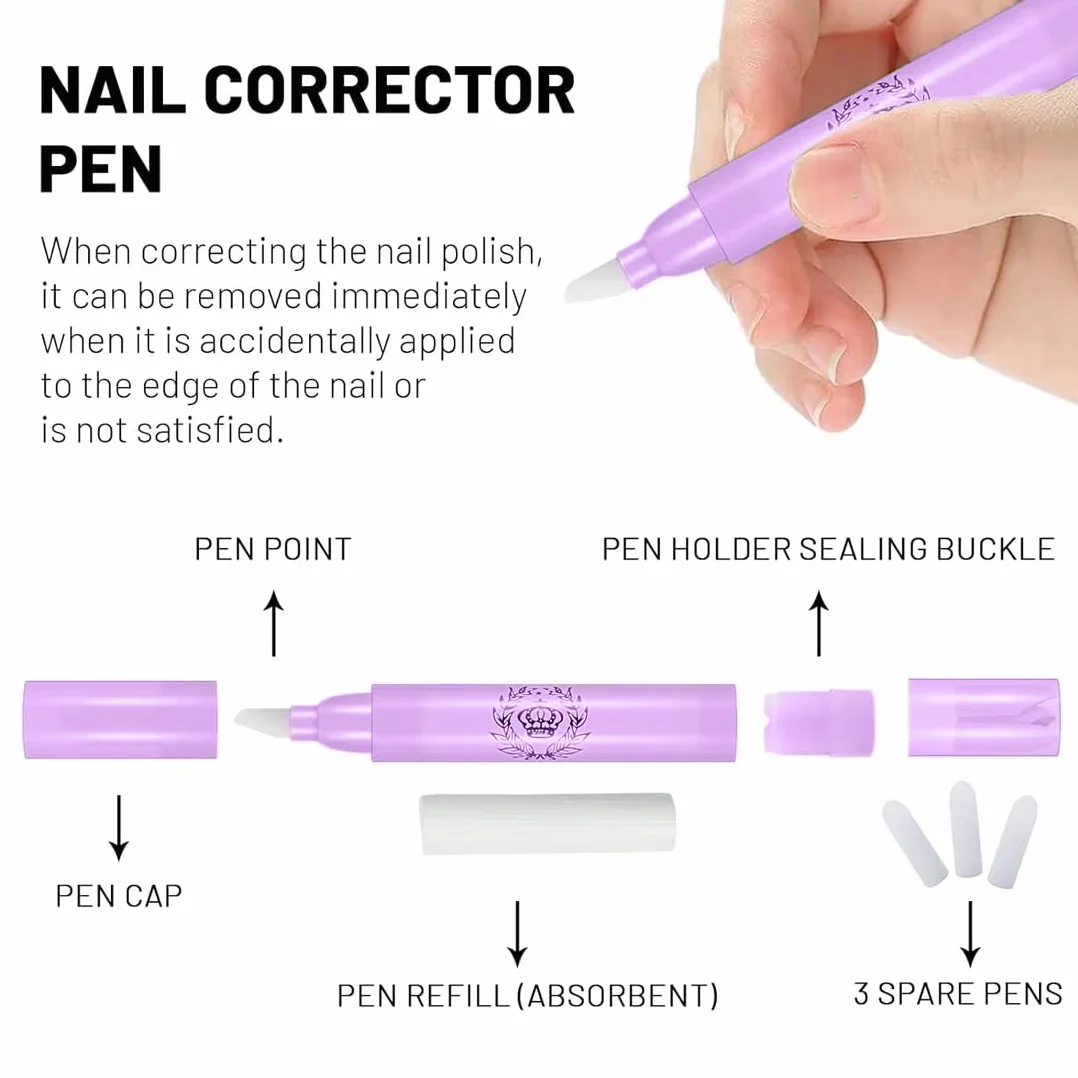 WUSJCOF 3 Pezzi Penna Correttore Smalto con 9 Punte di Ricambio Rimozione Smalto per Unghie Senza Solvente, Nail Remover Correzione Pen, Pennello Correggi Smalto per Unghie