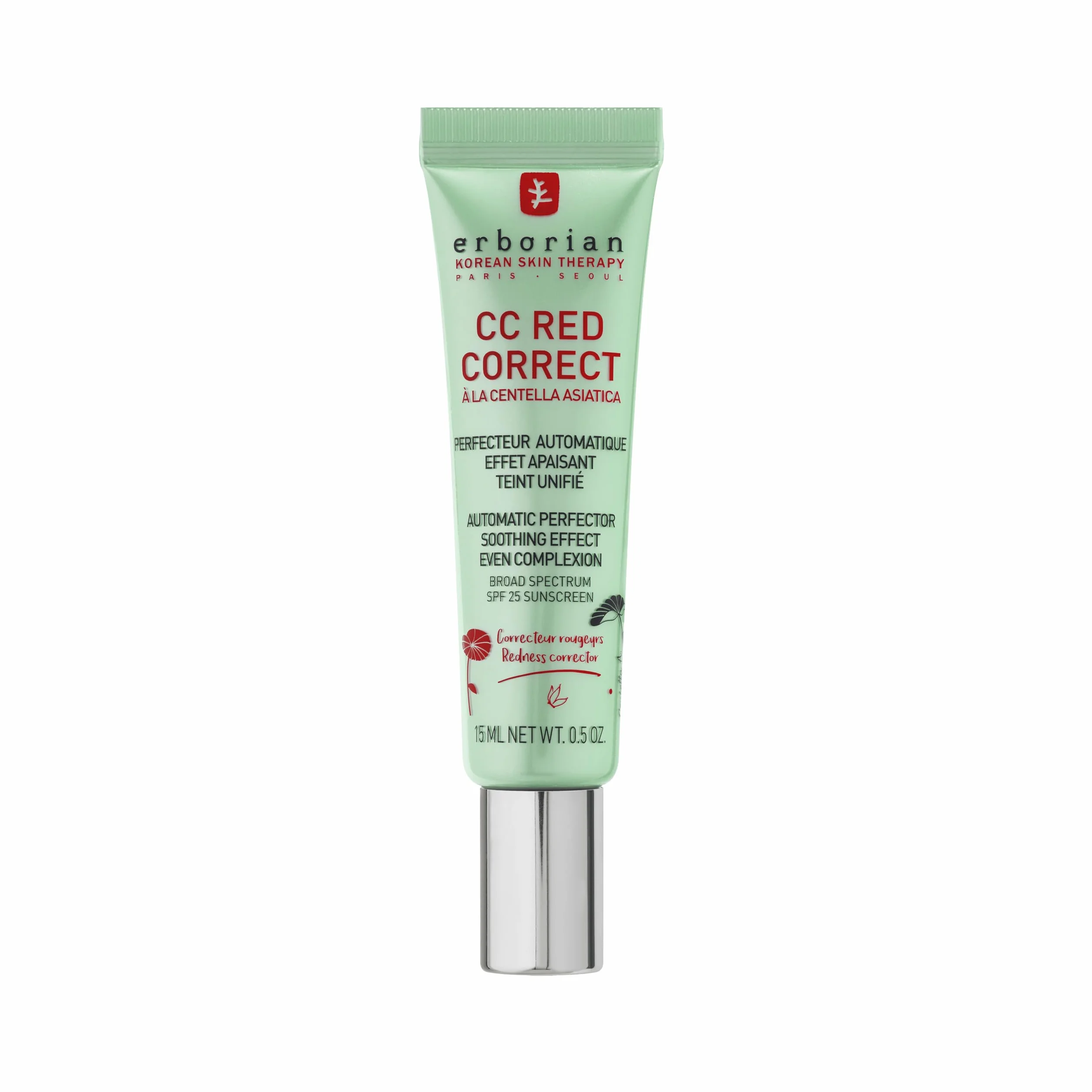 Erborian - CC Red Correct Crema Tinta Anti-Rossore - Trattamento Viso Perfettore di Teint con Correzione Colorimetrica - Teint Uniforme - SPF 25 - Trattamento Cosmetico Coreano - 15ml