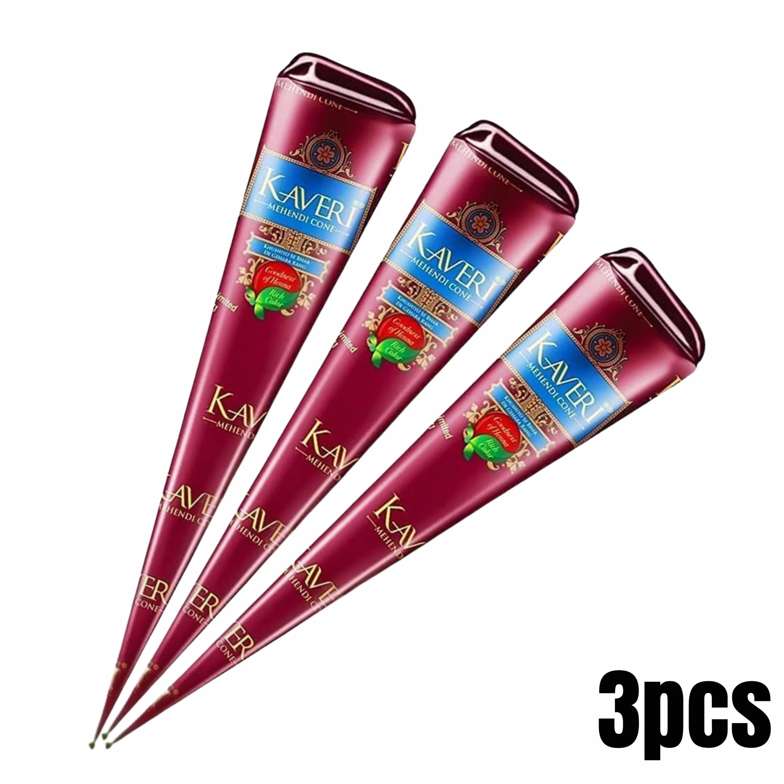 Kaveri Cono Naturale 3 x 25g - Senza PPD & Sostanze Chimiche Lunga Durata | Dermatologicamente Testato Per Decorazioni Creative Facile da Applicare mit Kajal Adesivo