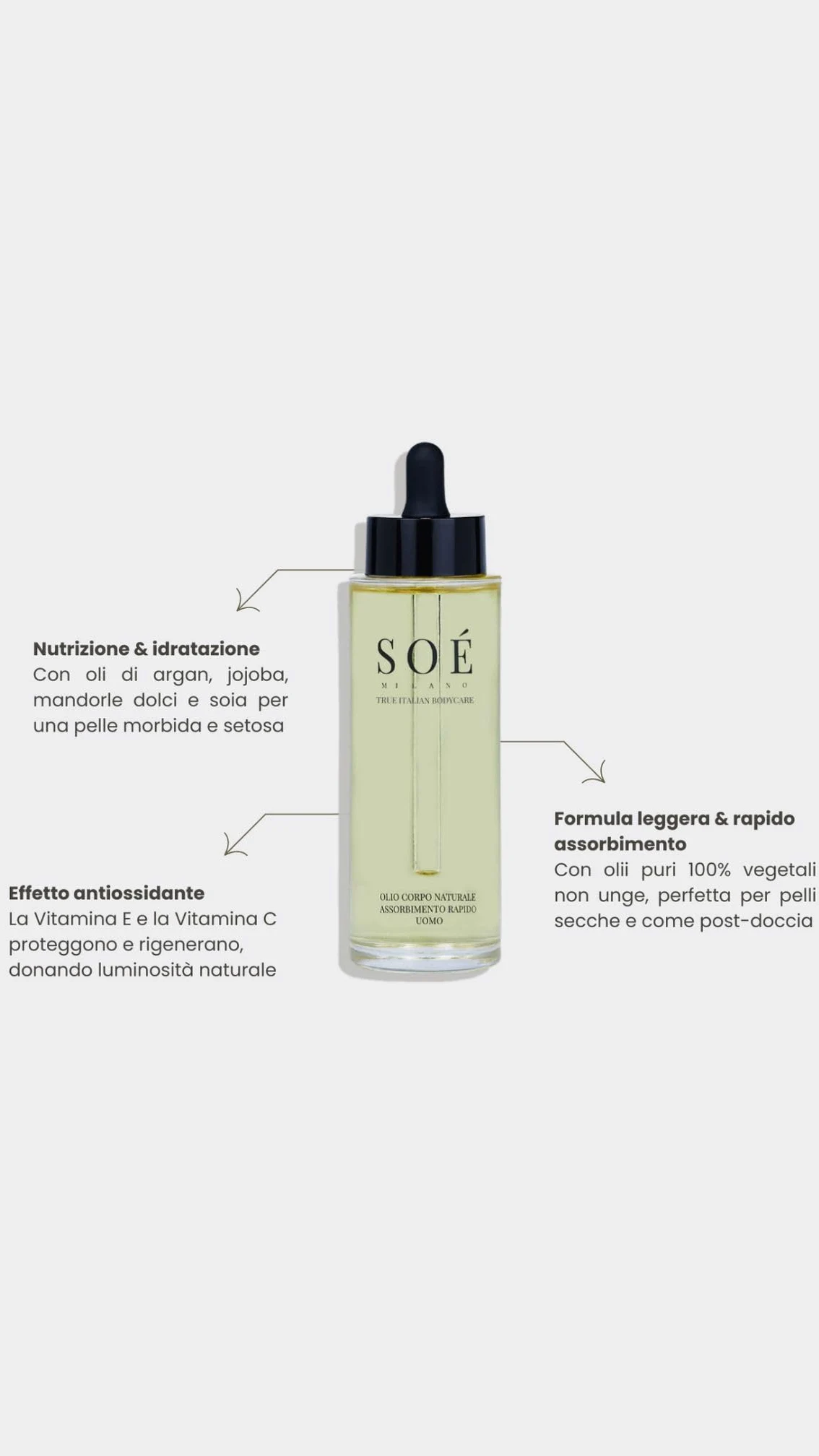 Olio Corpo con Olii puri 100% Vegetali. Impreziosito con Olio di Argan e Olio di Jojoba per una pelle morbida e setosa. Vitamina C e Vitamina E antiossidanti. Assorbimento Rapido. Made in Italy