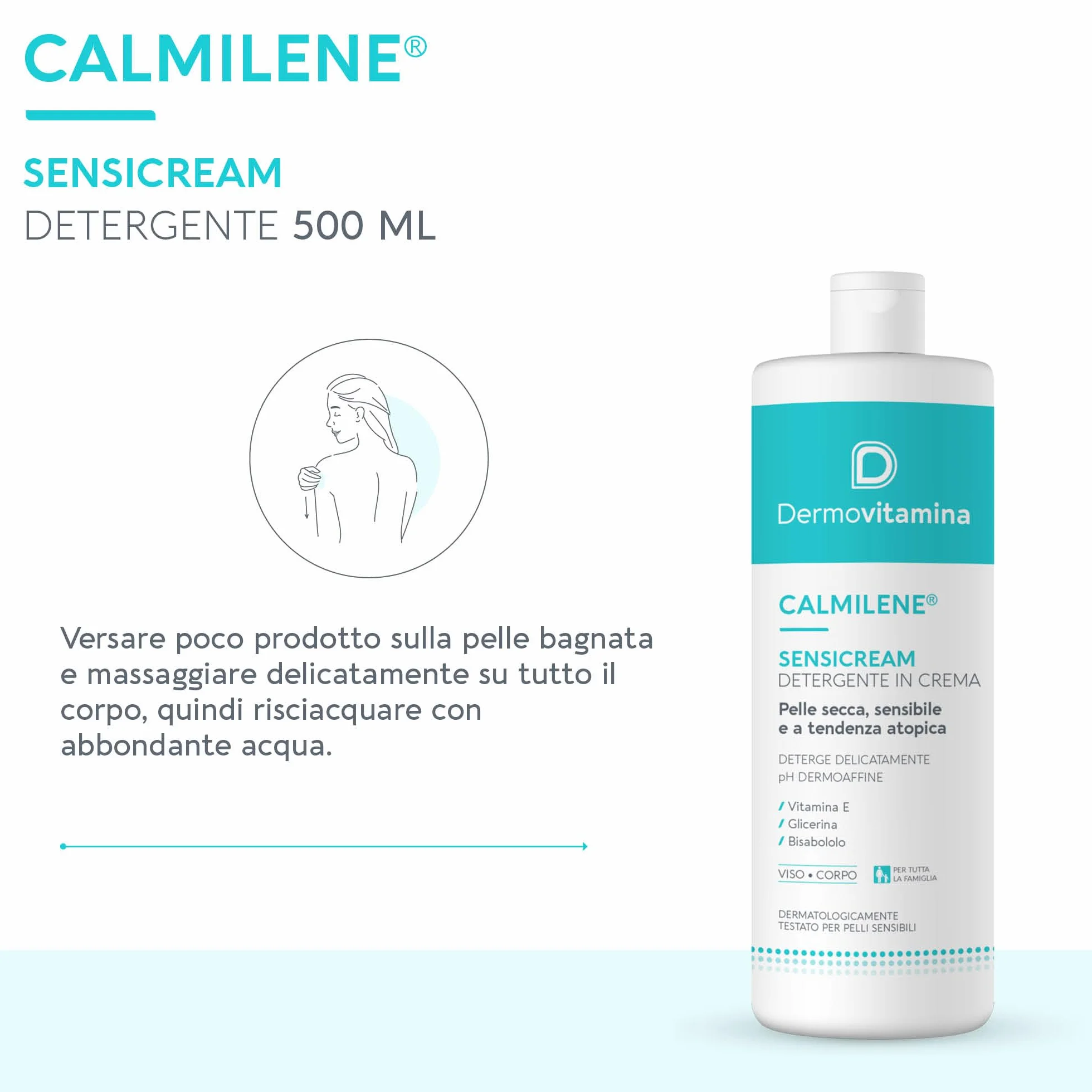 Dermovitamina Calmilene Sensicream Detergente 500 ml - Detergente Viso - Crema Idratante Viso e Corpo - Per pelle sensibili e dermatiti - Con Vitamina E e Calmilene - Senza Sapone