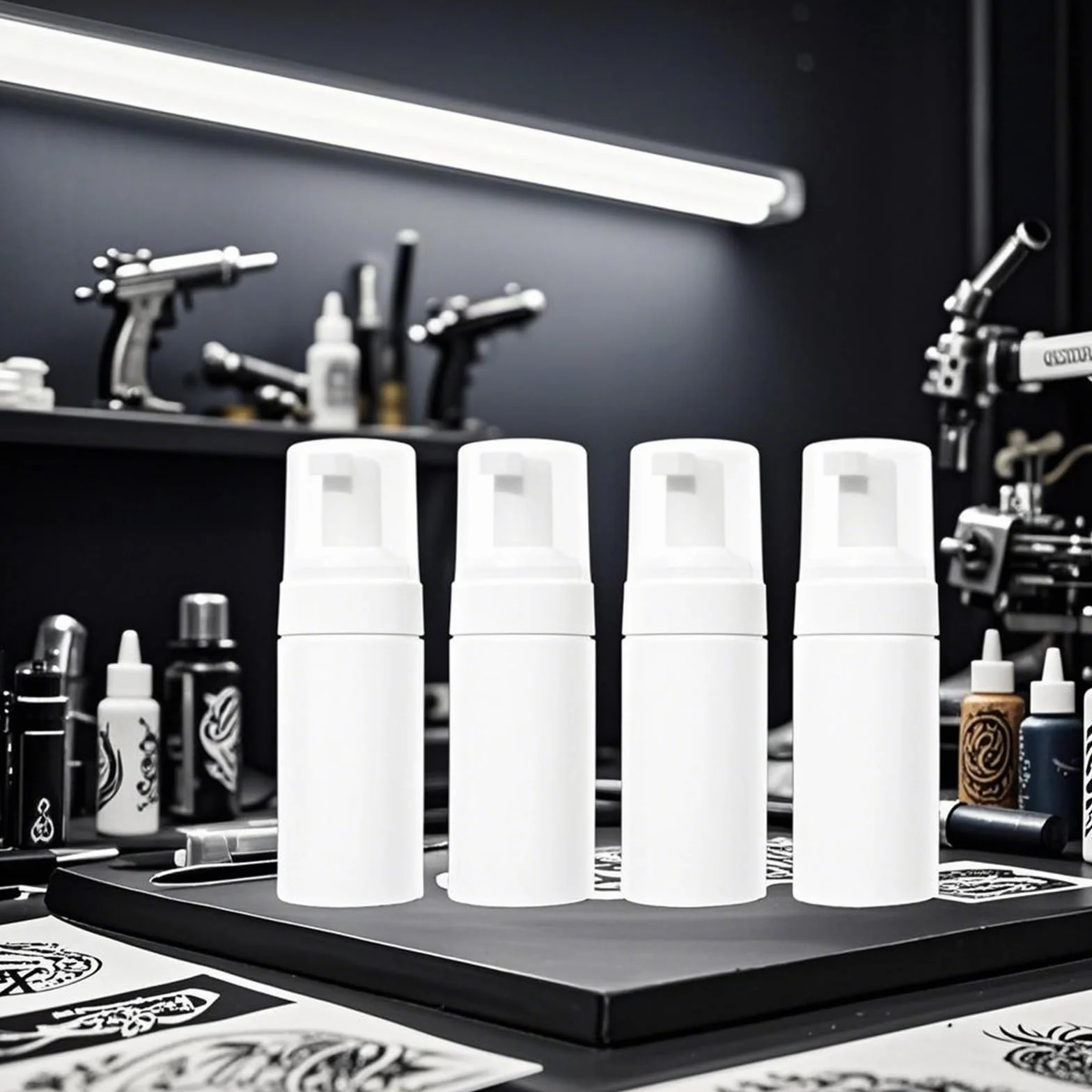 EMALLA 4 Bottiglie Schiuma Bianche 100ml Dispenser per Inchiostri da Tatuaggio & Soluzioni, Ricaricabili per Studio Tatuaggi