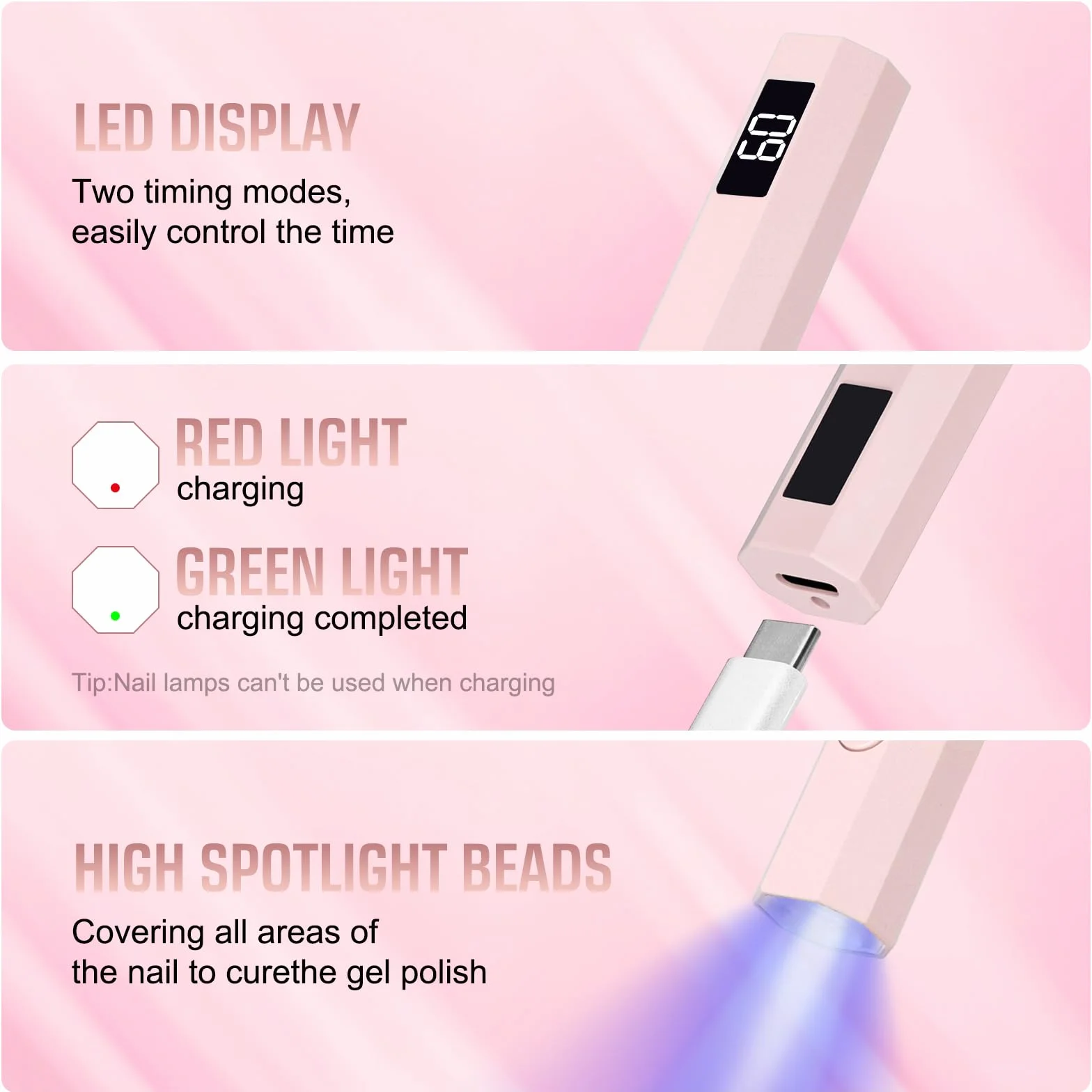 Mini lampada UV per unghie in gel, lampada UV per unghie con supporto, ricaricabile, piccola lampada UV per unghie, portatile, 2 modalità timer per smalto gel (rosa)