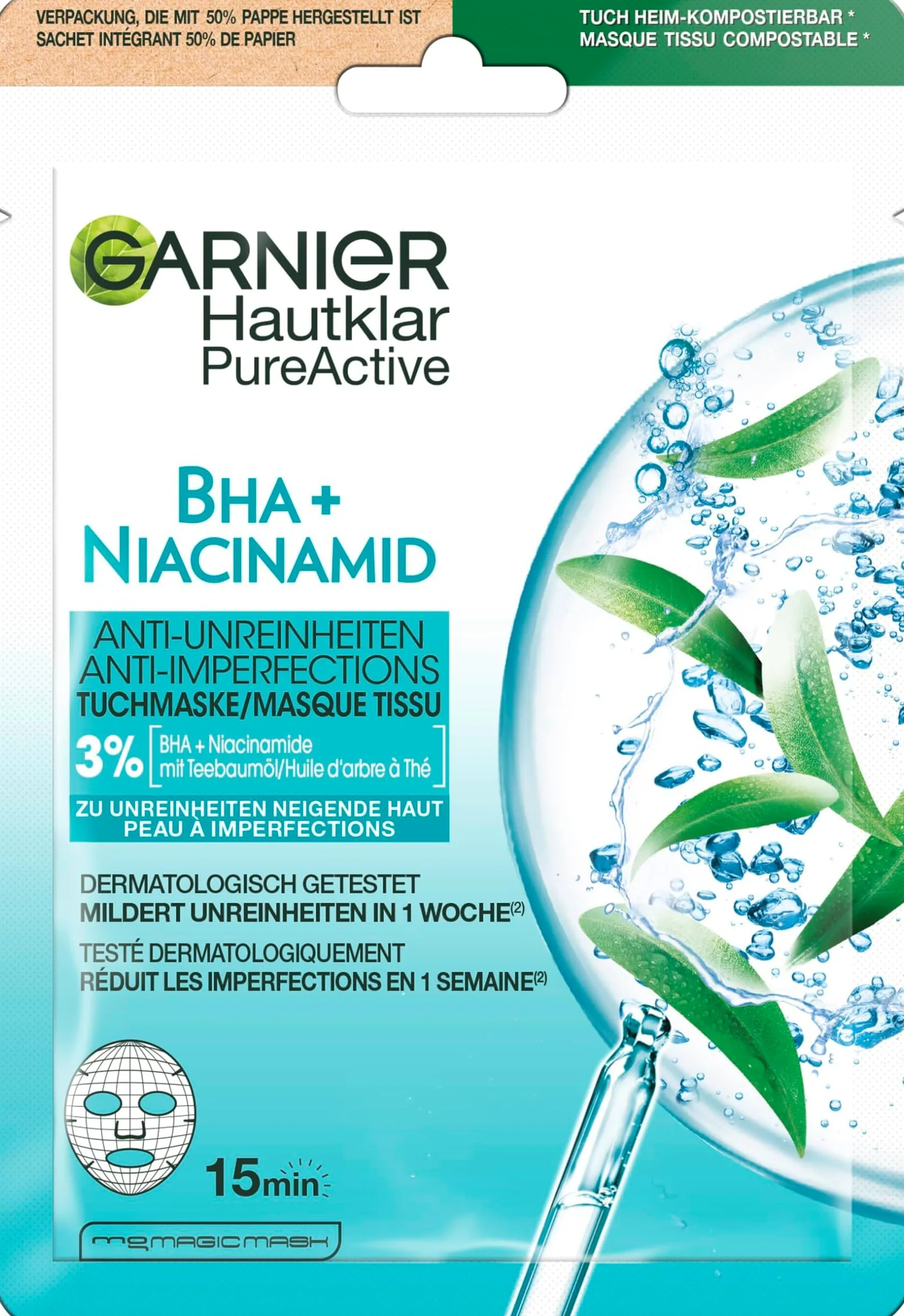 Garnier Maschera per panno, maschera per pelle grassa, anti-impurità, formula con olio di tea tree e acido salicilico, trasparente, 23 g (Confezione da 5)