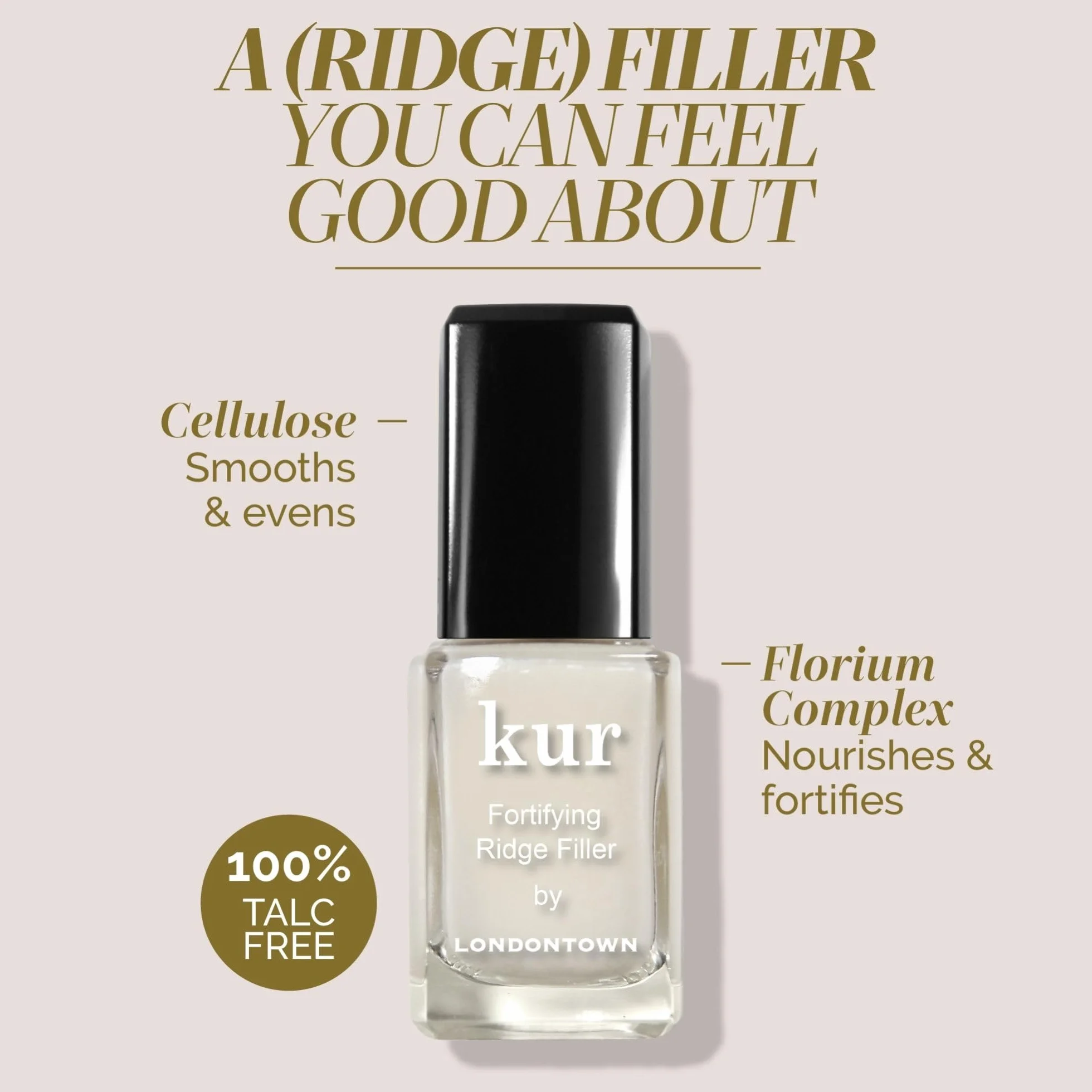 LONDONTOWN Kur Nail Ridge Filler – più liscia – rinforzante – riempitivo per unghie irregolari danneggiate – base fortificante, autolivellante, vegano, cruelty free, senza parabeni, trasparente, 11,8