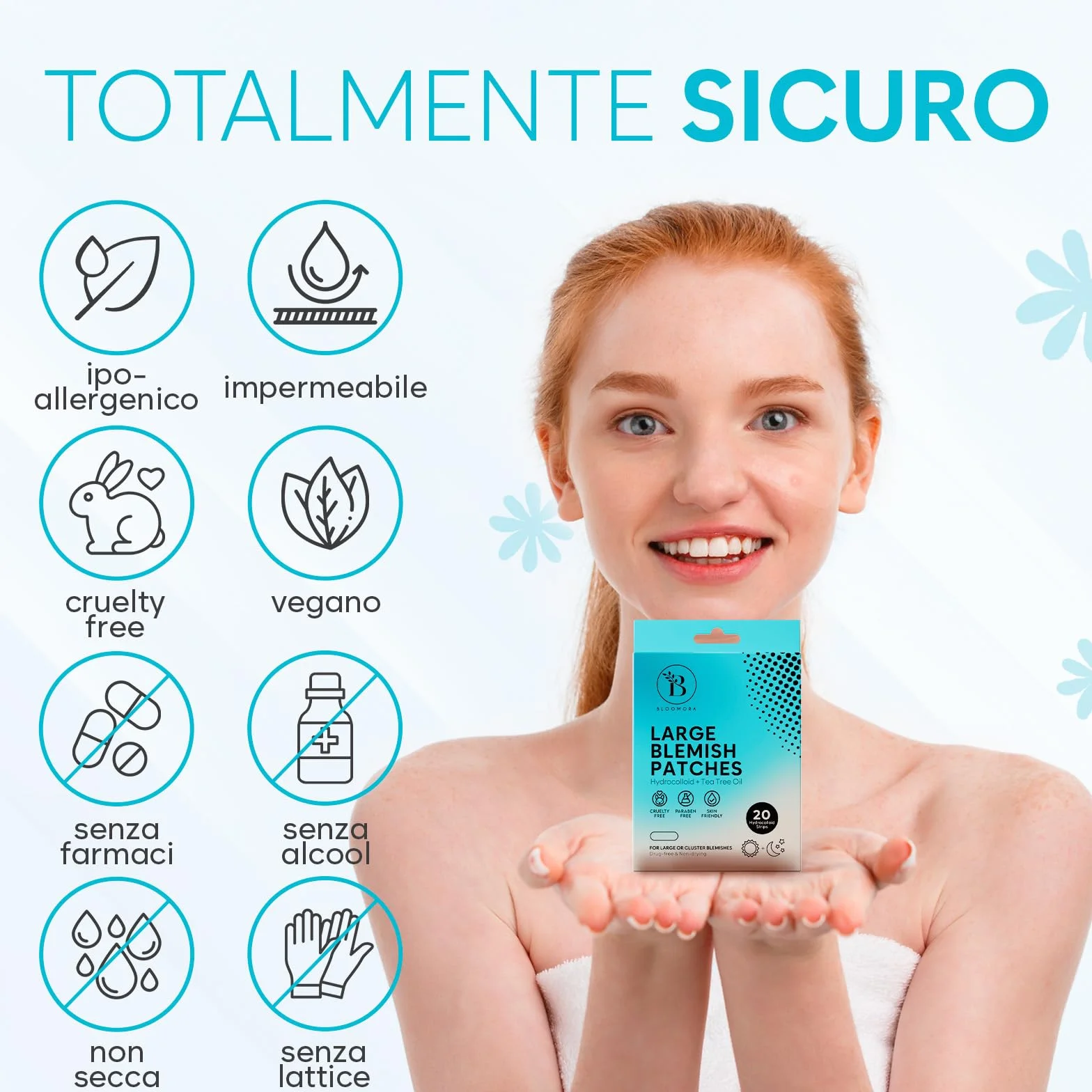 BLOOMORA Patch Brufoli Grandi – Hydrocolloid Pimple Patch con Olio di Tea Tree, Cerotti Brufoli per Viso e Corpo, Ideale per Aree Estese (40 Pezzi)