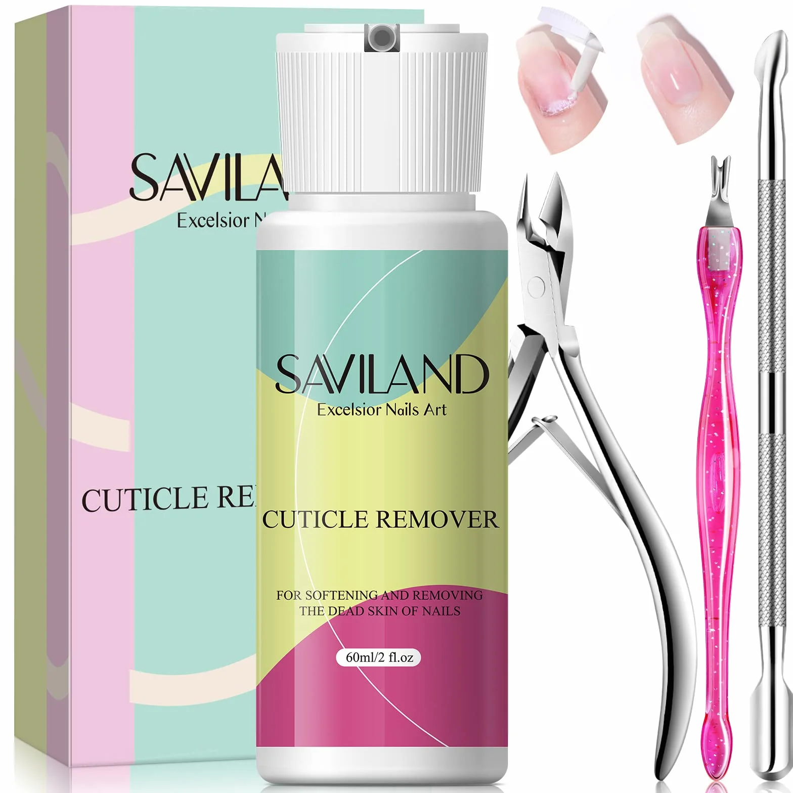 Saviland Set di Strumenti per la Rimozione Delle Cuticole, 60 ml di Liquido per la Rimozione delle Cuticole con Taglierina, Tronchesino, Tronchesino e Spingi Cuticole per le Mani, Piedi