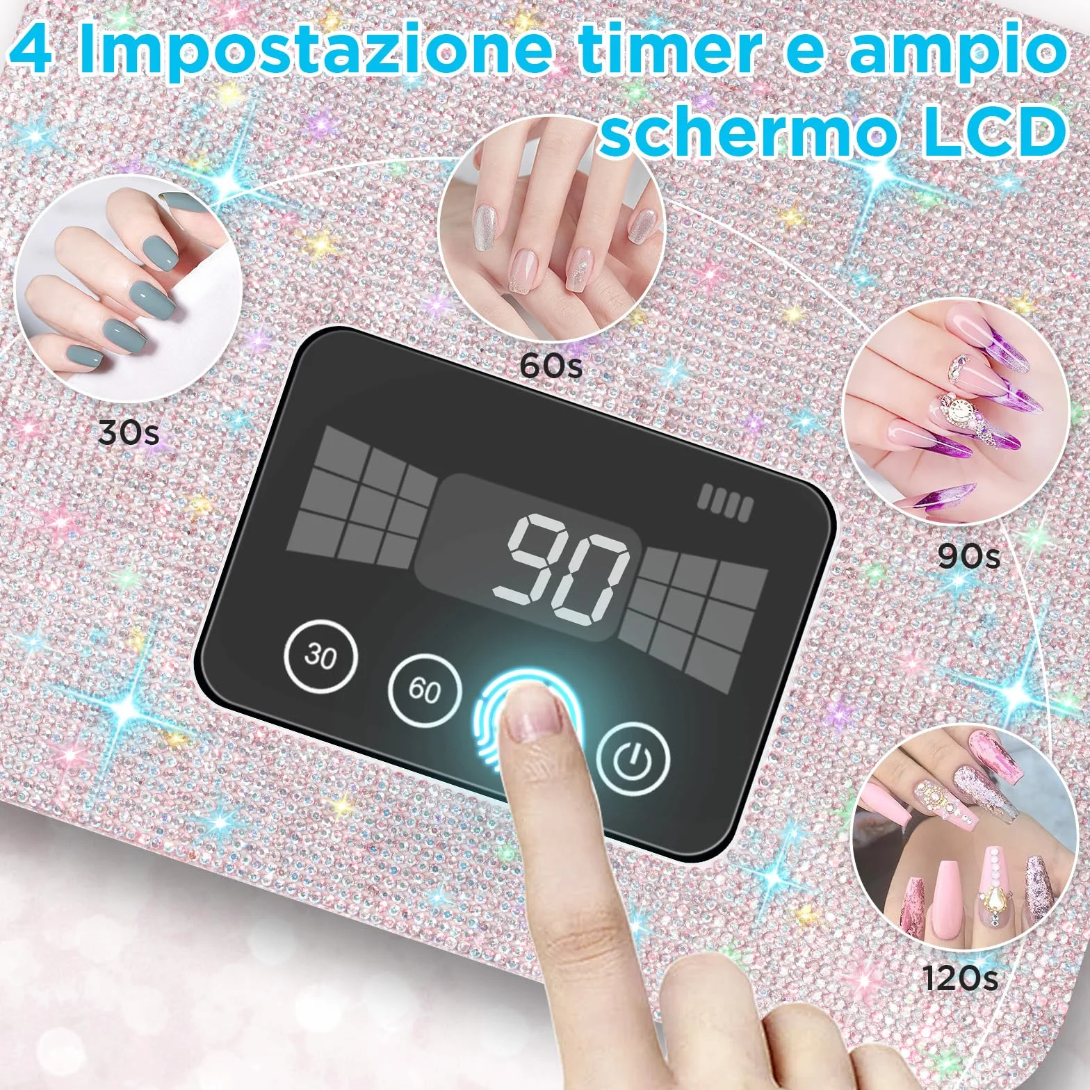 Lampada UV Ricaricabile Senza Fili per Unghie in Gel LED 4 Modalità Timer Strass Diamond per Unghie