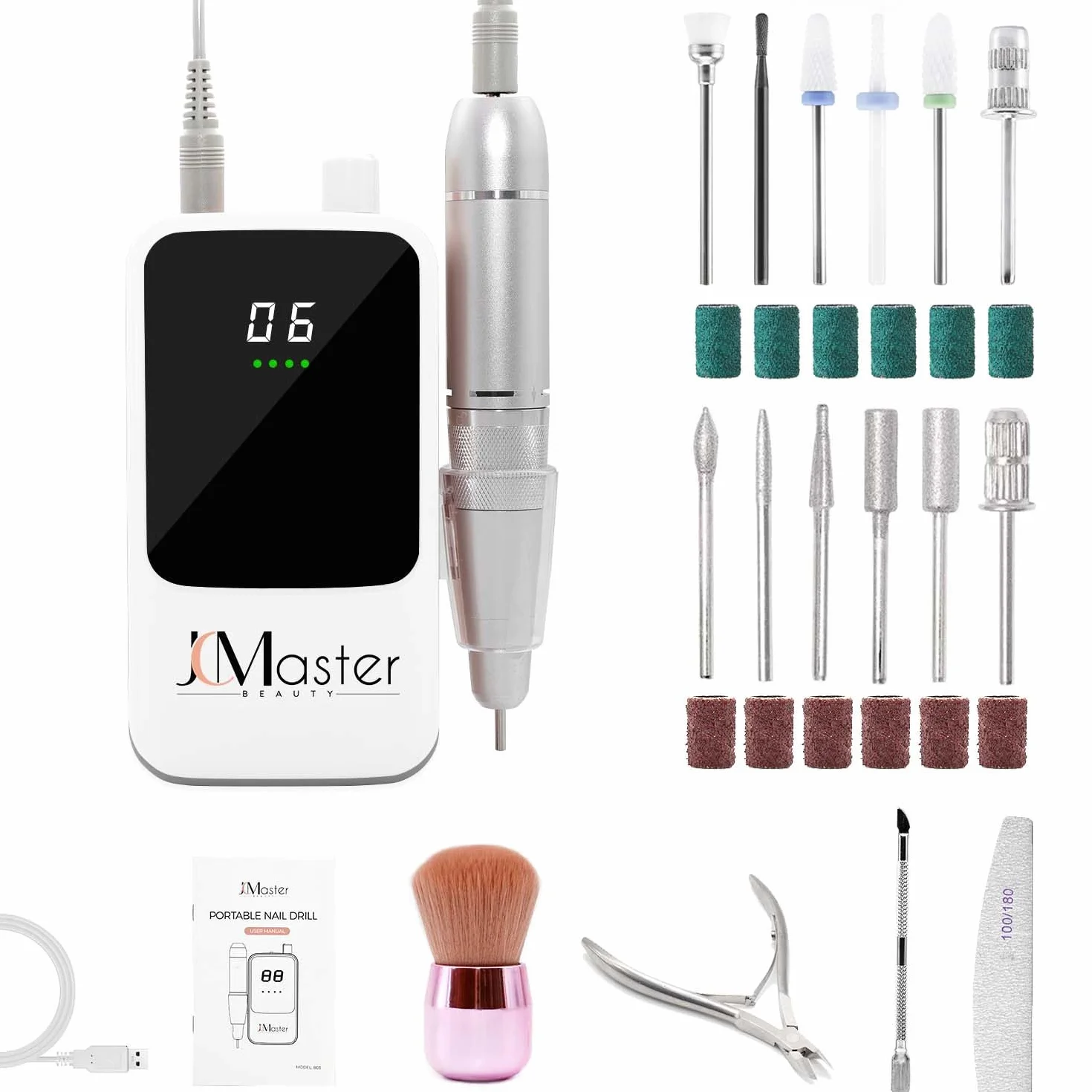 Fresa unghie professionale JCMaster, 35.000 U/min, lima elettrica portatile per unghie in gel e acrilico, batteria ricaricabile, incl. 12 punte, comando a pulsante.