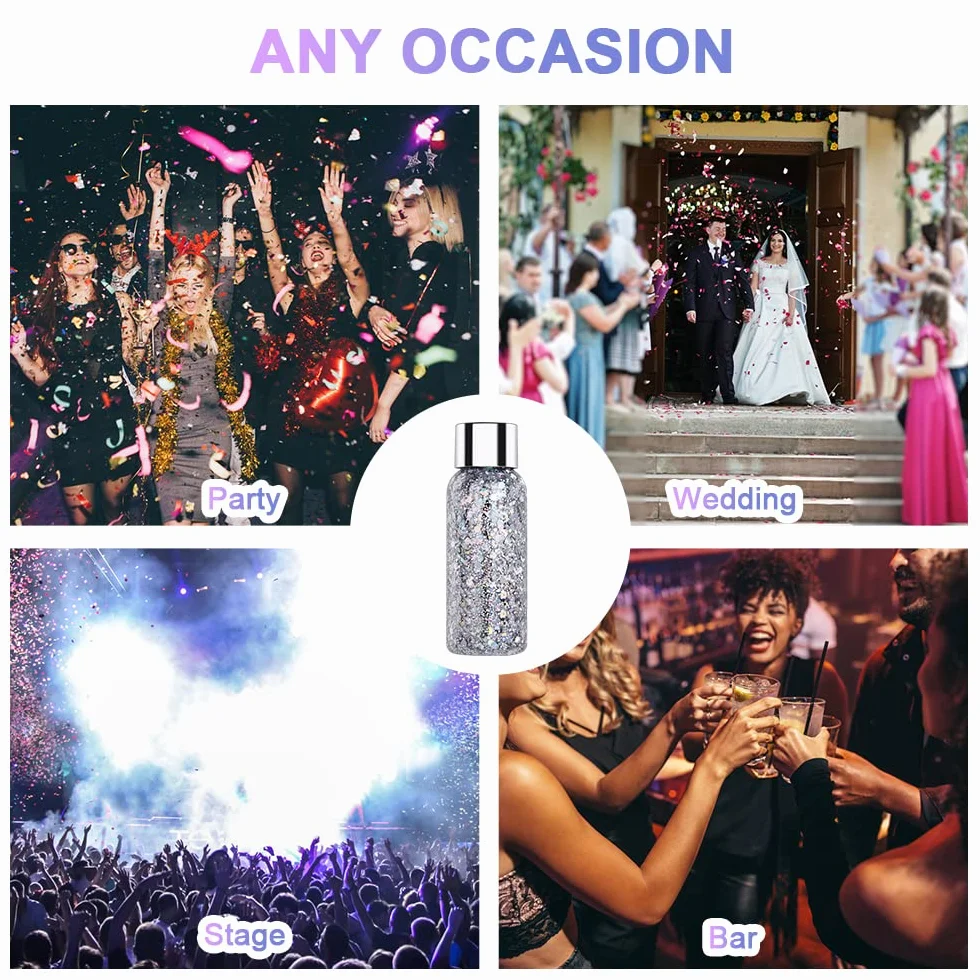 URAQT 1pcs Glitter Corpo e Viso per Unghie, Occhi, Labbra, Capelli - Gel Chunky per Musica, Festival, in Maschera(Argento)