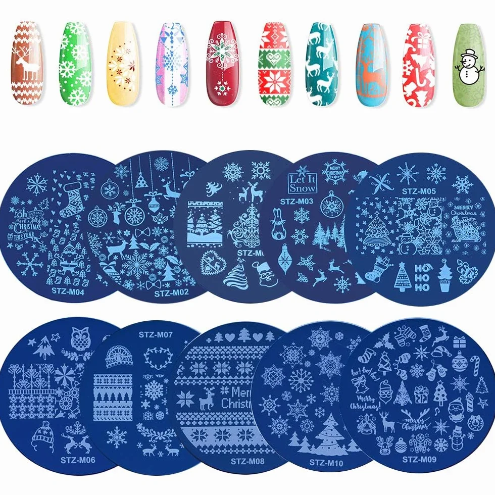EBANKU 10 Pezzi Set di Nail Art Stamping Stampini, Nail Art Template Stencil Kit Fiocco di Neve Piatti per Timbri per Unghie per Donna Ragazze Decorazione Unghie Natalizie (A)