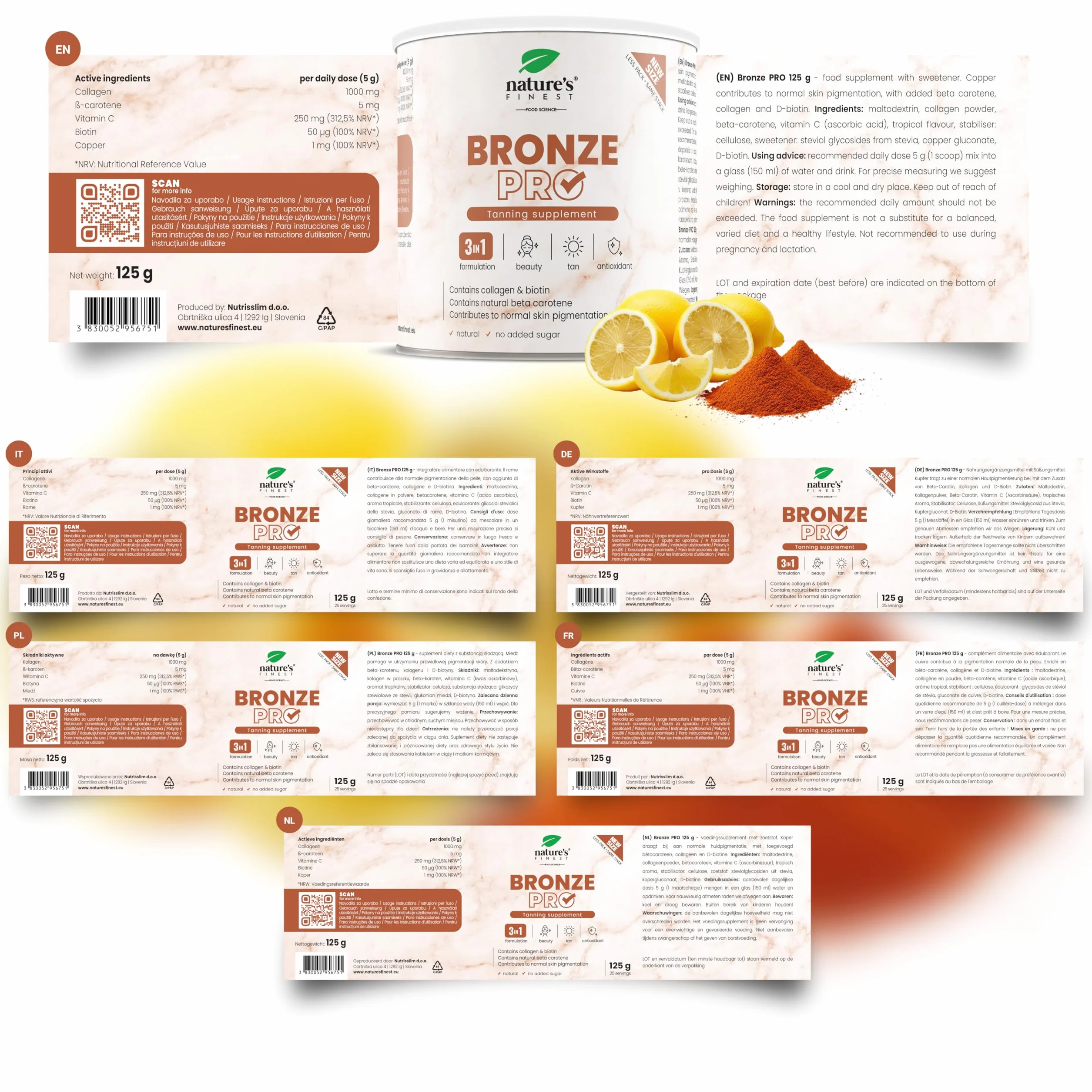 Nature's Finest Bronze PRO - Integratore Solare con Betacarotene Ultra Attivo - Abbronzante da Bere per Corpo e Viso - Acceleratore Naturale, Autoabbronzante, Protezione Solare - 125 g
