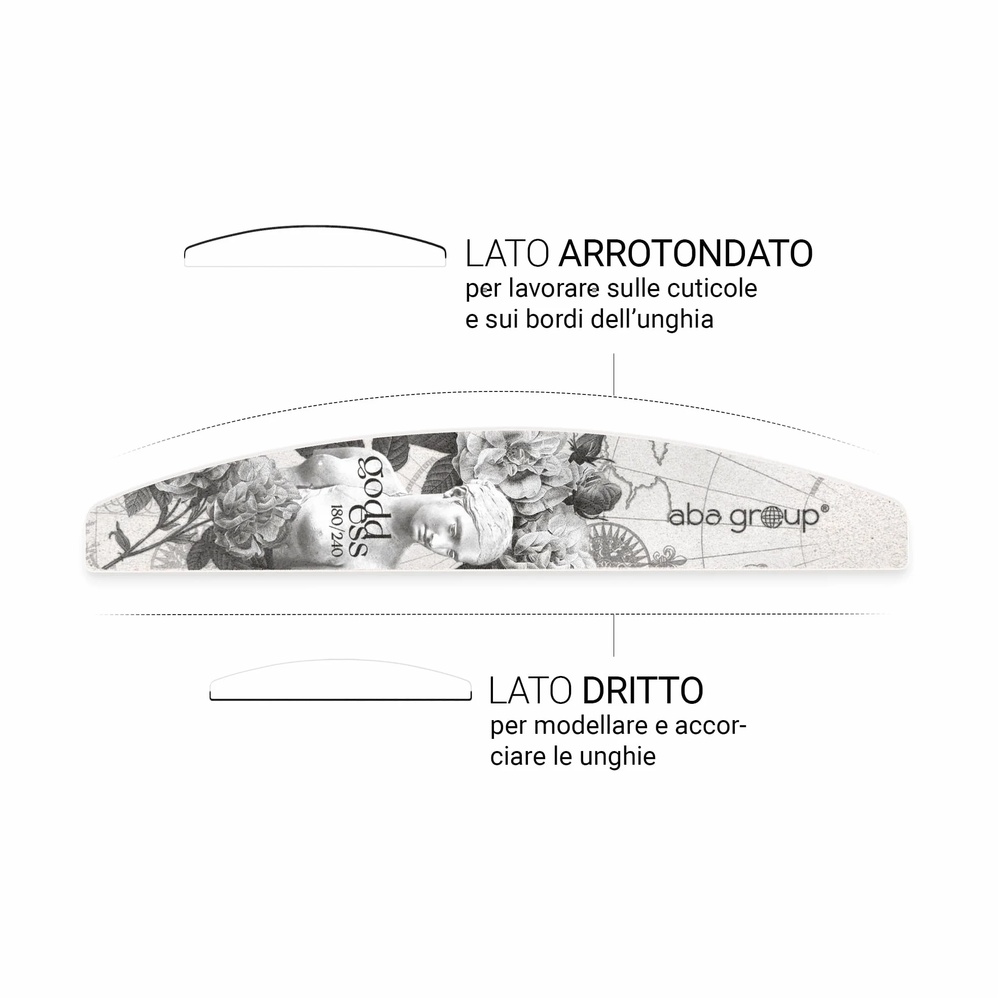 ABA GROUP Goddess - Lima per unghie 180/240-500 pezzi – Mezzaluna 4 mm di spessore – Strumenti professionali per unghie in gel e naturale, lime per unghie in gel, frecce su due lati, set per nail art