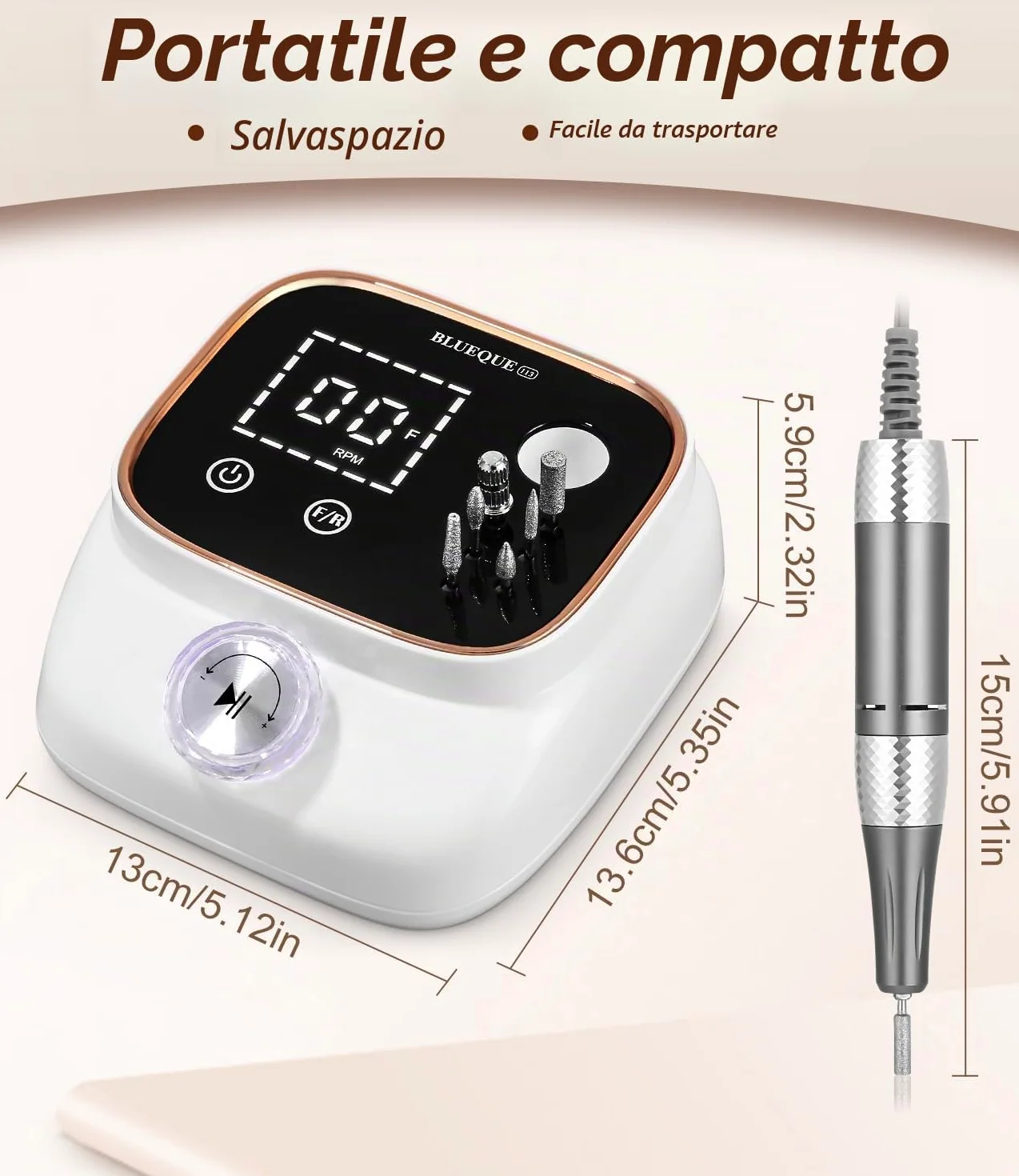 Zawaer Fresa per Unghie 45,000RPM, Professionale Lima Elettrica per Unghie, Touchscreen, con Punta in Ceramica Kit Unghie, Salone Manicure Set e Pedicure Elettrico per Semipermanente Gel Oro