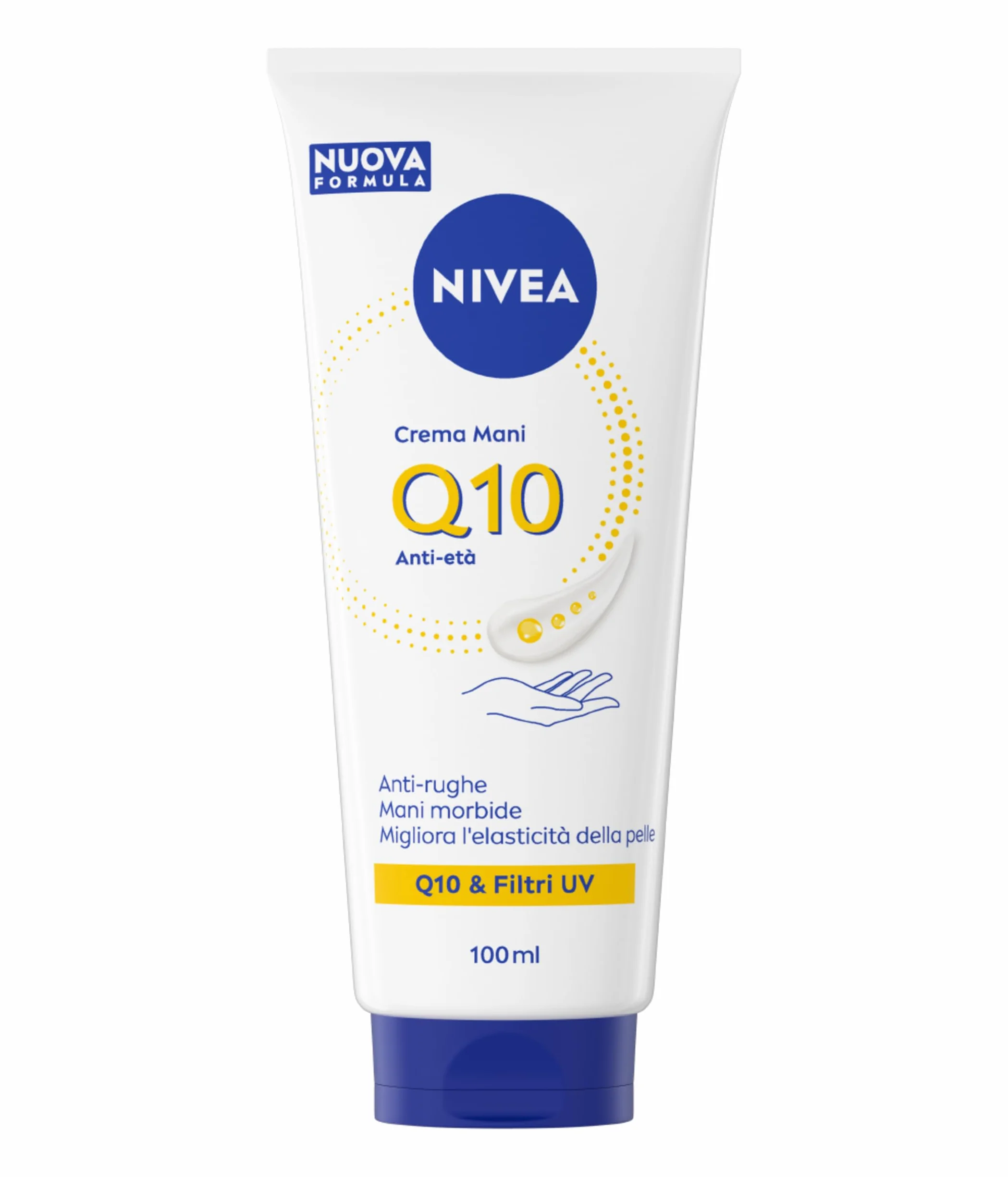 NIVEA Q10 Crema Mani Anti-Età 100 ml, Crema mani antiage e idratante 48h, Hand cream antirughe con Coenzima Q10 e Filtri UV, Migliora l'elasticità, Assorbimento rapido, Per tutti i tipi di pelle