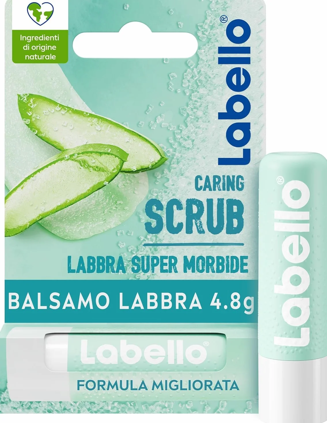 Labello Scrub Idratante Aloe Vera 4.8 g, Scrub Labbra con particelle esfolianti, aloe vera bio e vitamina E, Scrub labbra esfoliante senza oli minerali e microplastiche
