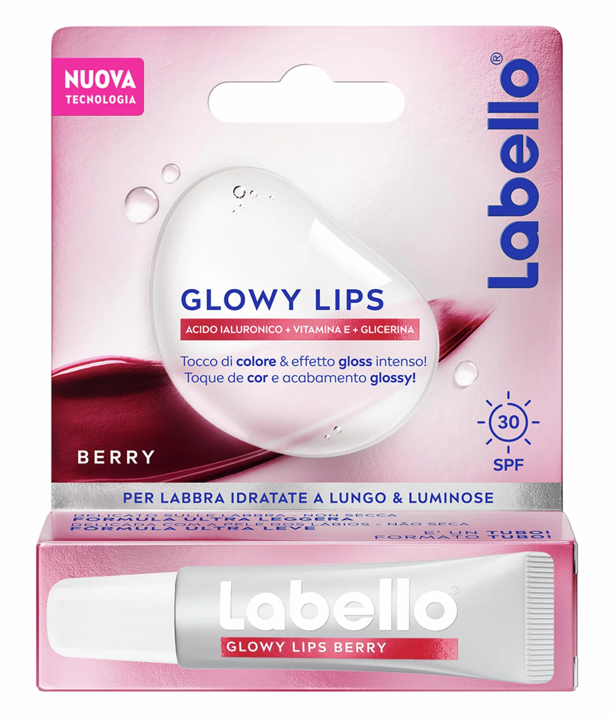 Labello Glowy Lips Berry SPF 30 10 ml Balsamo labbra colorato effetto lip gloss intenso Acido Ialuronico Vitamina E Glicerina
