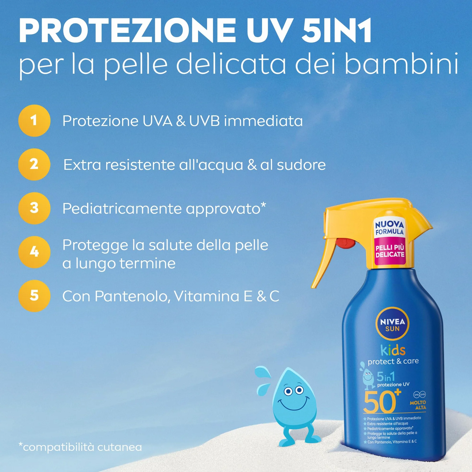 NIVEA SUN Kids Maxi Spray Protect & Care SPF 50+ 270 ml Crema Solare Bambini 3+ Anni Protezione Solare 50 Spray Extra Resistente Acqua Sudore Pantenolo Vitamina C & E