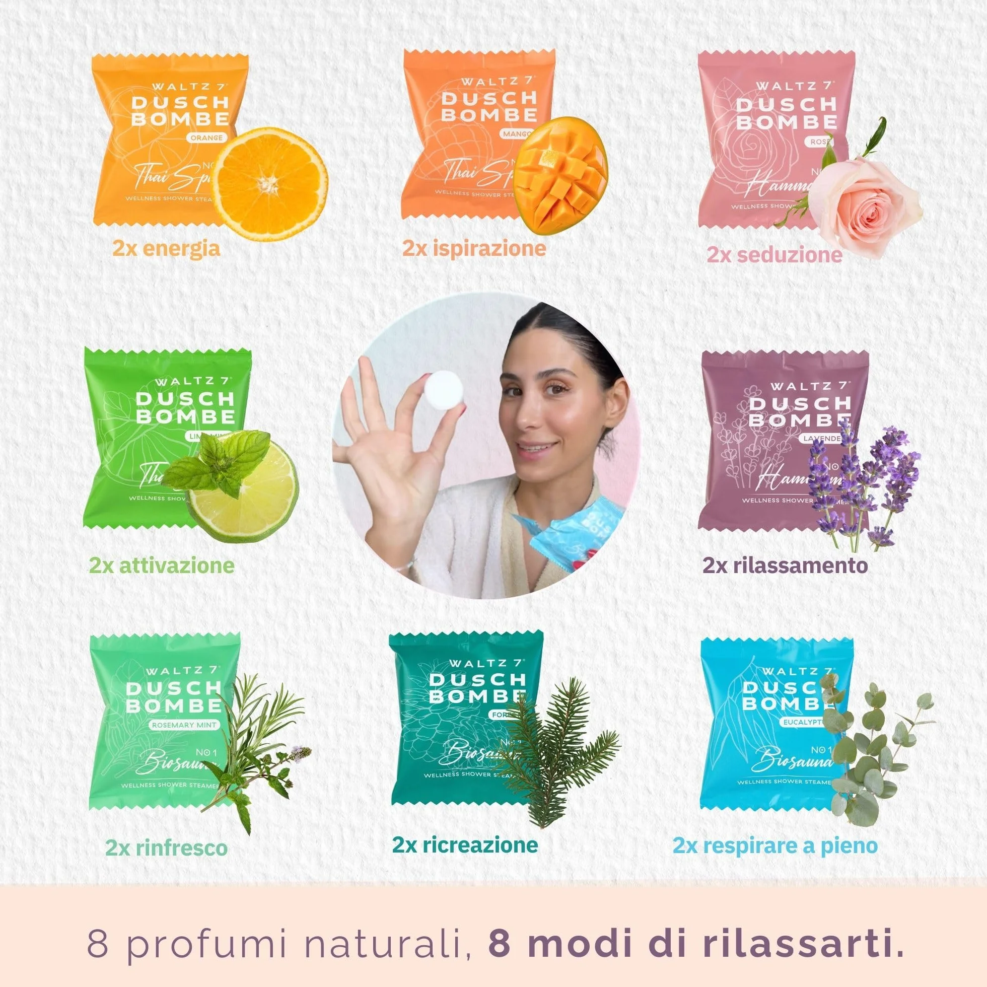 WALTZ 7 Set Bombe da Doccia, 16 Pastiglie, 8 Profumi Naturali, Aromaterapia per Relax e Benessere, Oli Essenziali, Idee Regalo Donna, Uomo, Compleanno, Originale Utile