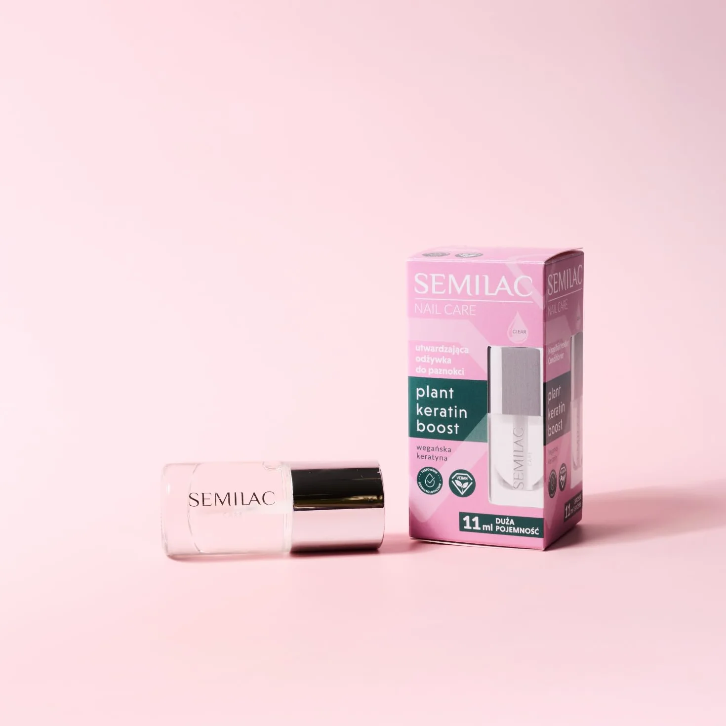 Semilac Plant Keratin Boost Balsamo per unghie 11 ml – Cura & Base Coat per unghie fragili, con cheratina vegana, rinforza e rigenera