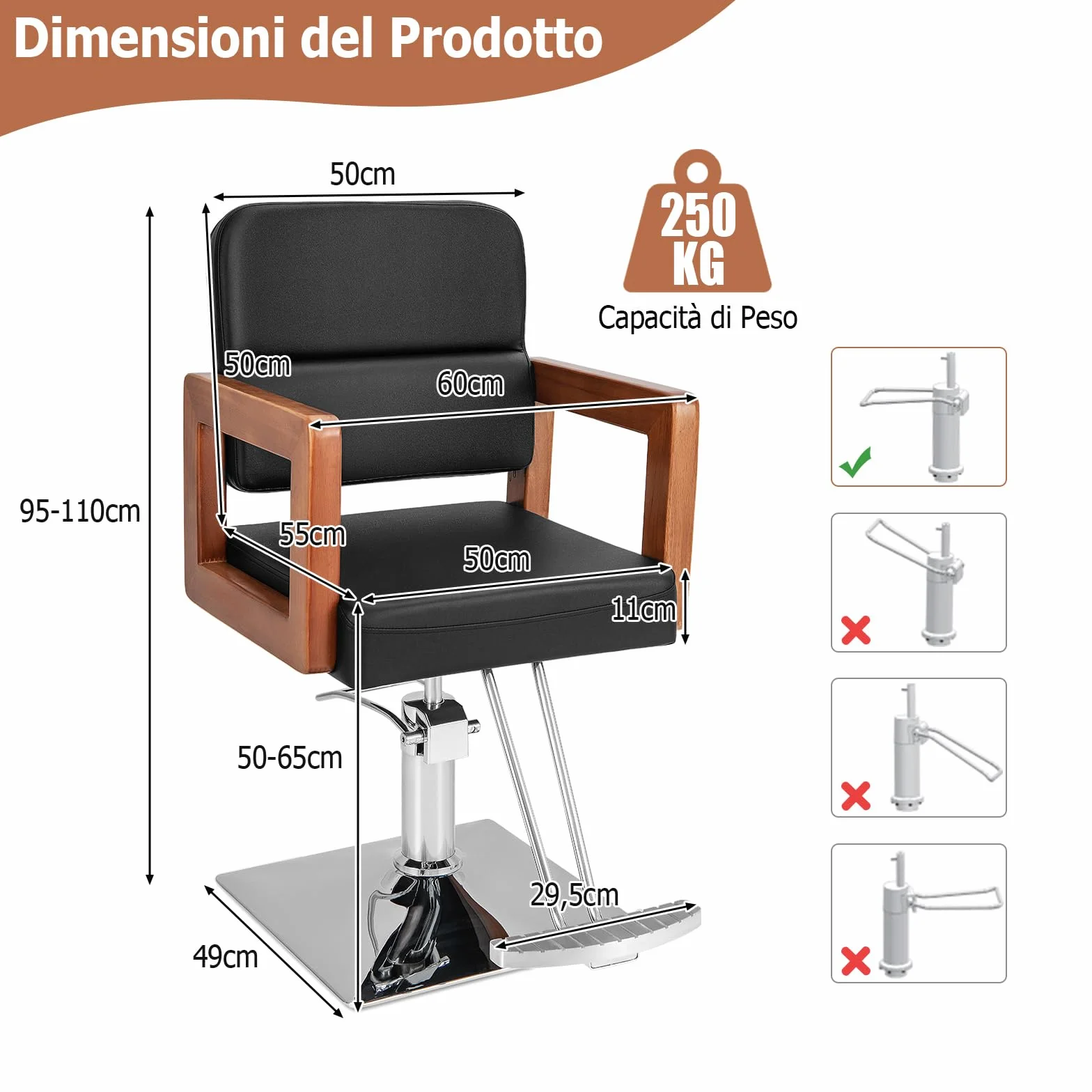 COSTWAY Poltrona da Barbiere, Sedia da Barbiere Girevole a 360°, Regolabile in Altezza 50-65 cm, con Braccioli in Legno Massello, Portata 250 kg