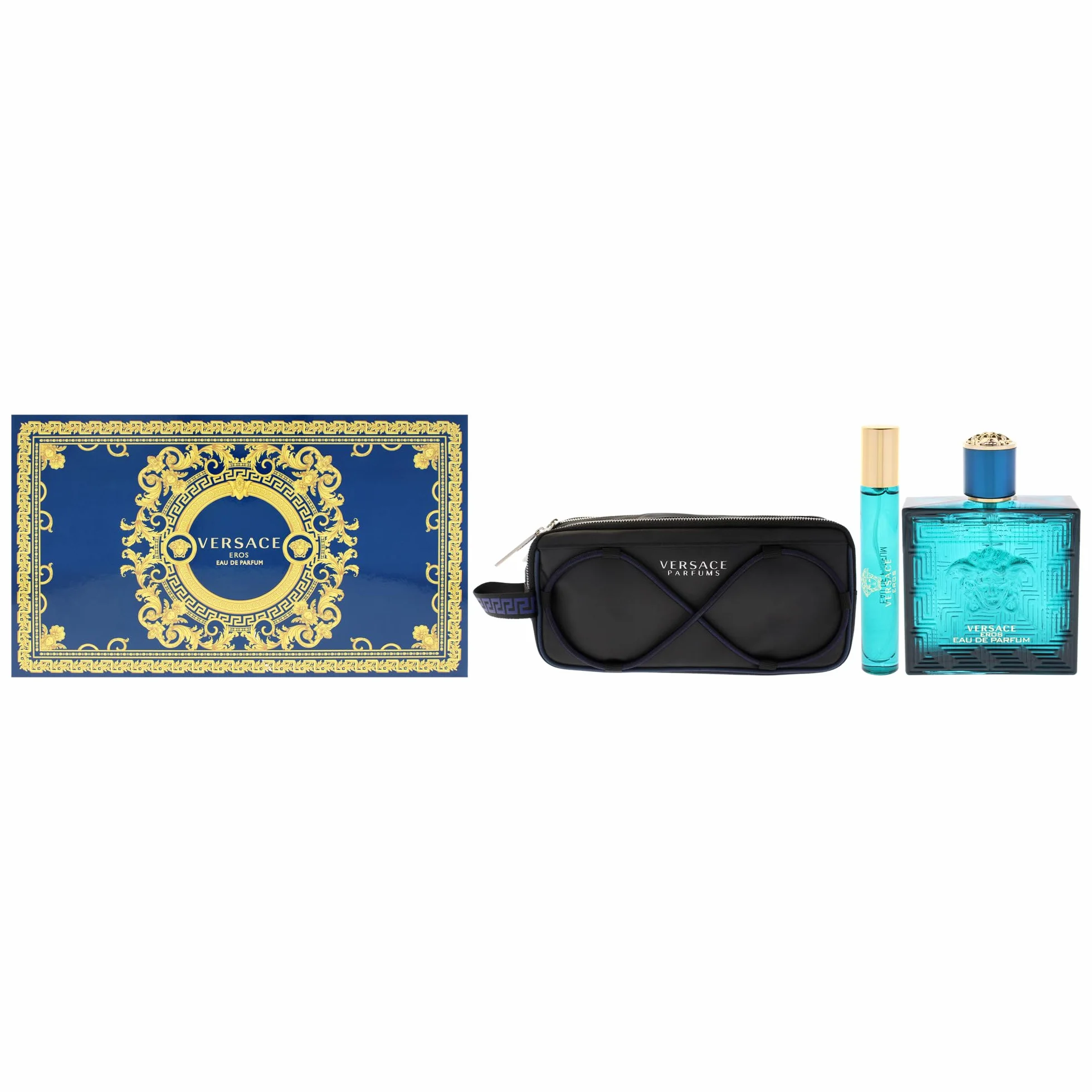 Versace Eros Eau de Parfum set regalo 2025-100 ml EDP, spray da viaggio e borsa per articoli da toeletta