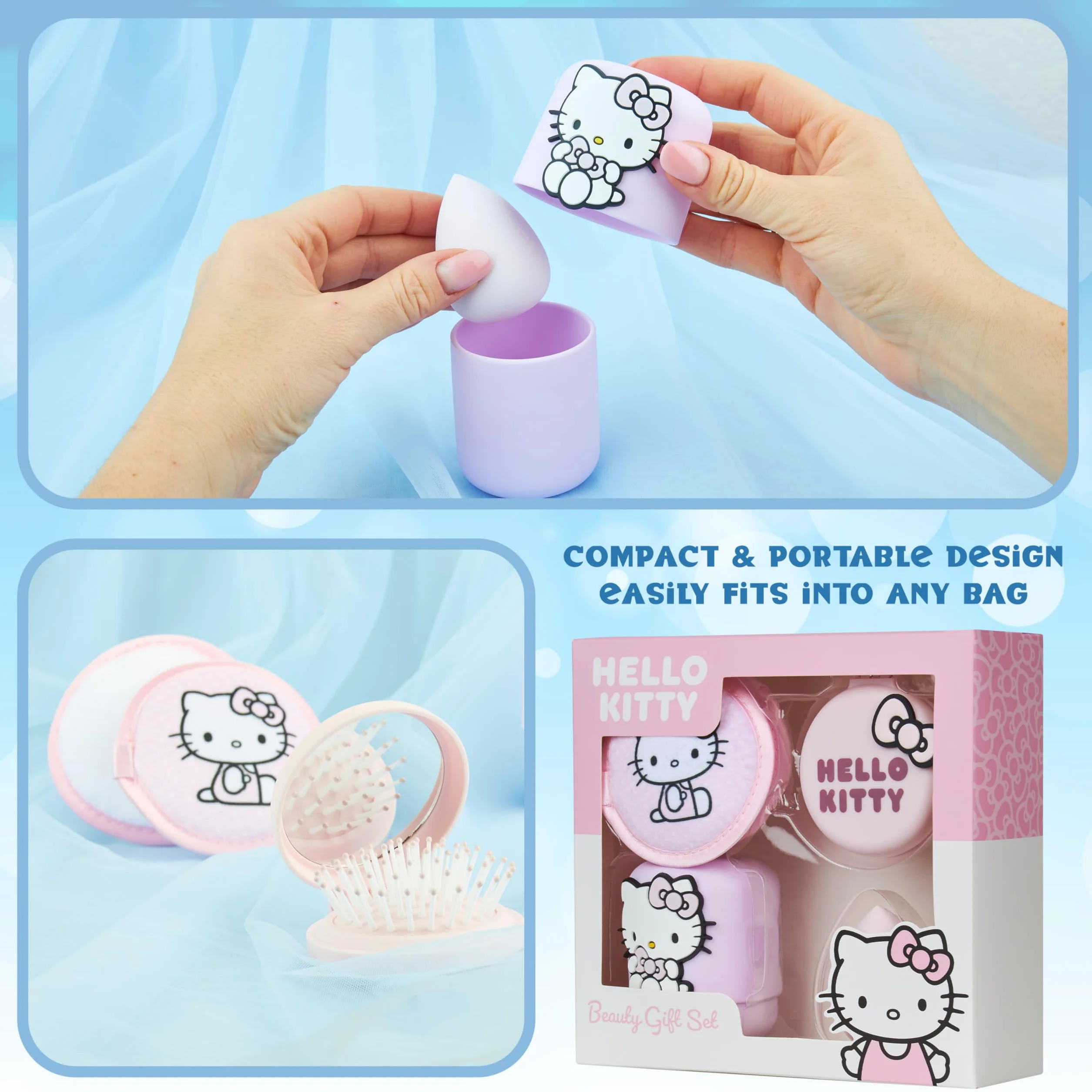 Hello Kitty Sanrio Set Beauty Ragazza, Mini Spazzola Capelli con Specchio, Spugnetta Trucco, Lavabile Dischetti Struccanti, Regali per Lei