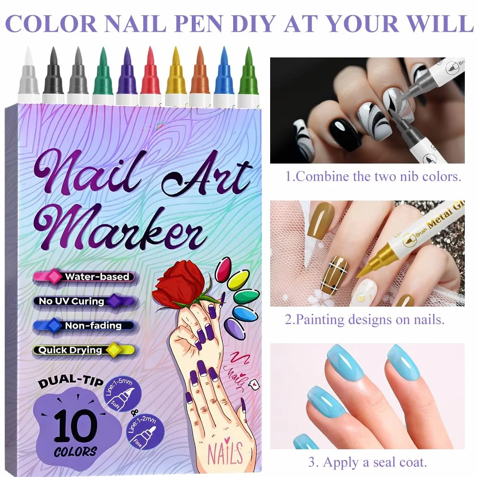 10 colori Penne Per Nail Art Punta, 3D Nail Art Pen, Adatto per il design di nail art fai-da-te, per dipingere e per l'artigianato