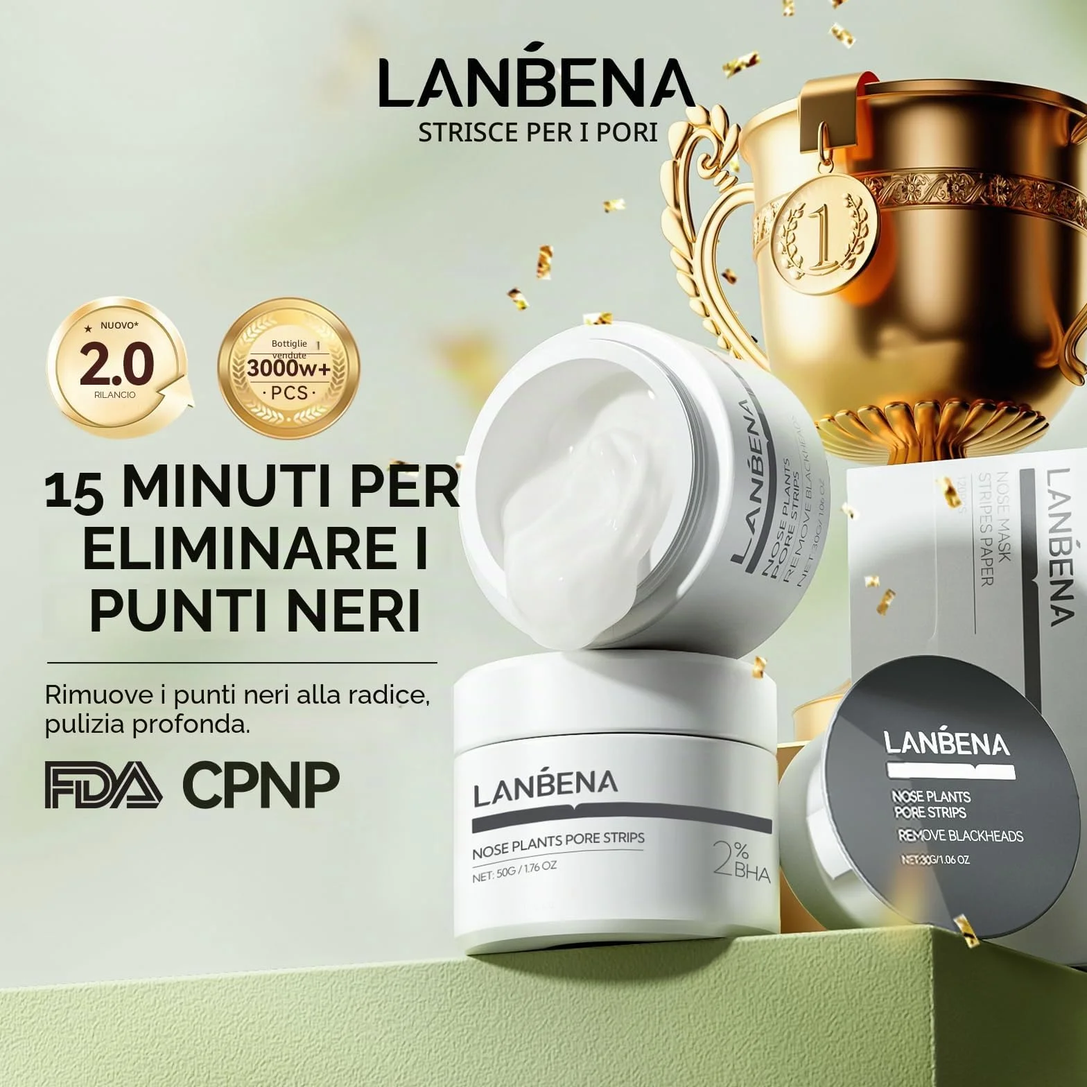 LANBENA punti neri rimozione (50 g), 100 strisce nasali, maschera punti neri, NOTA: La crema diventa gommosa al di sotto dei 25°C, mettere la bottiglia in acqua bollente per ammorbidirla