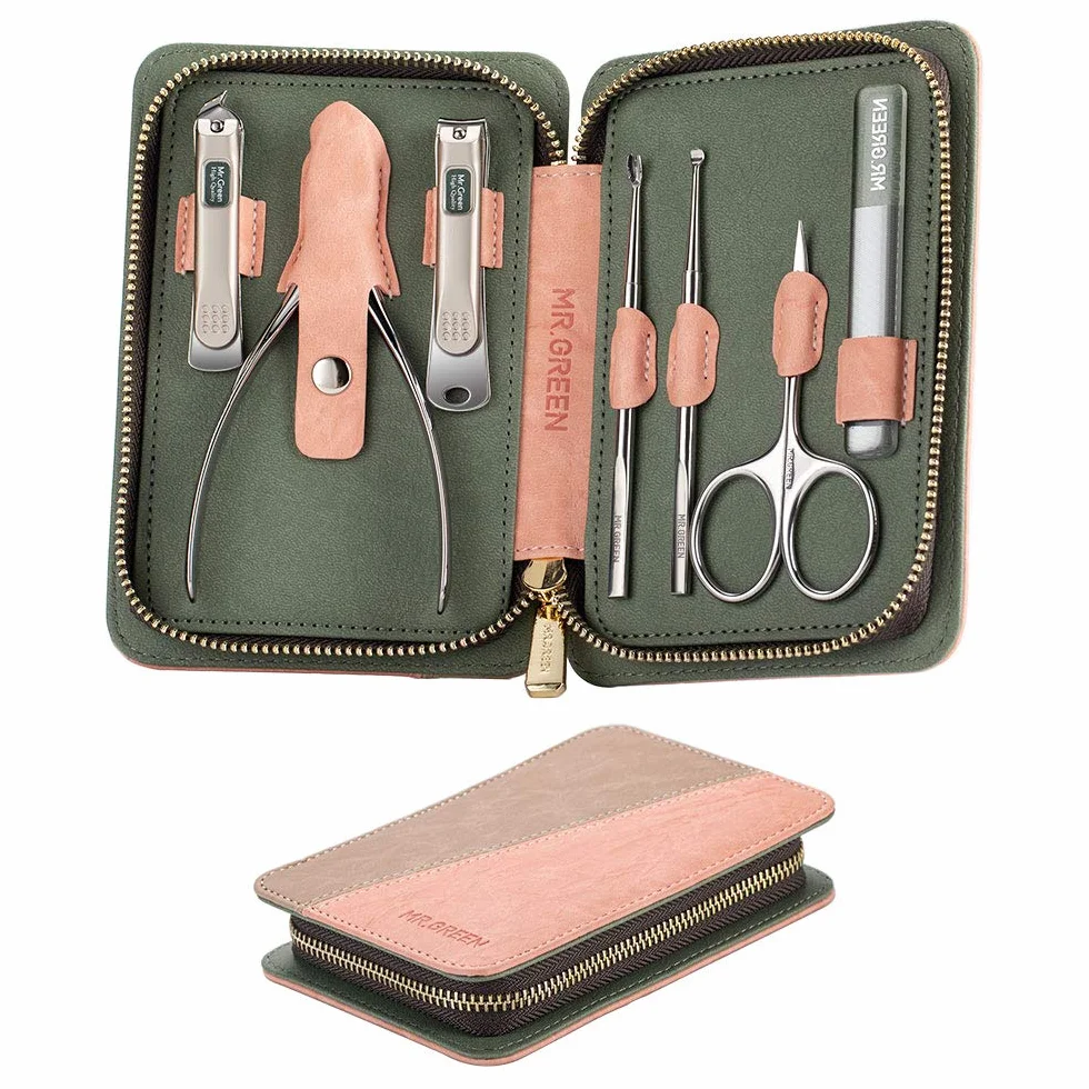 Tagliaunghie Set Professionale, 7 in 1 Manicure e Pedicure Set con Lussuosa Custodia da Viaggio in Pelle Grooming Kit Strumenti, Nail Clippers per Uomo e Donna (Marrone e Rosa)