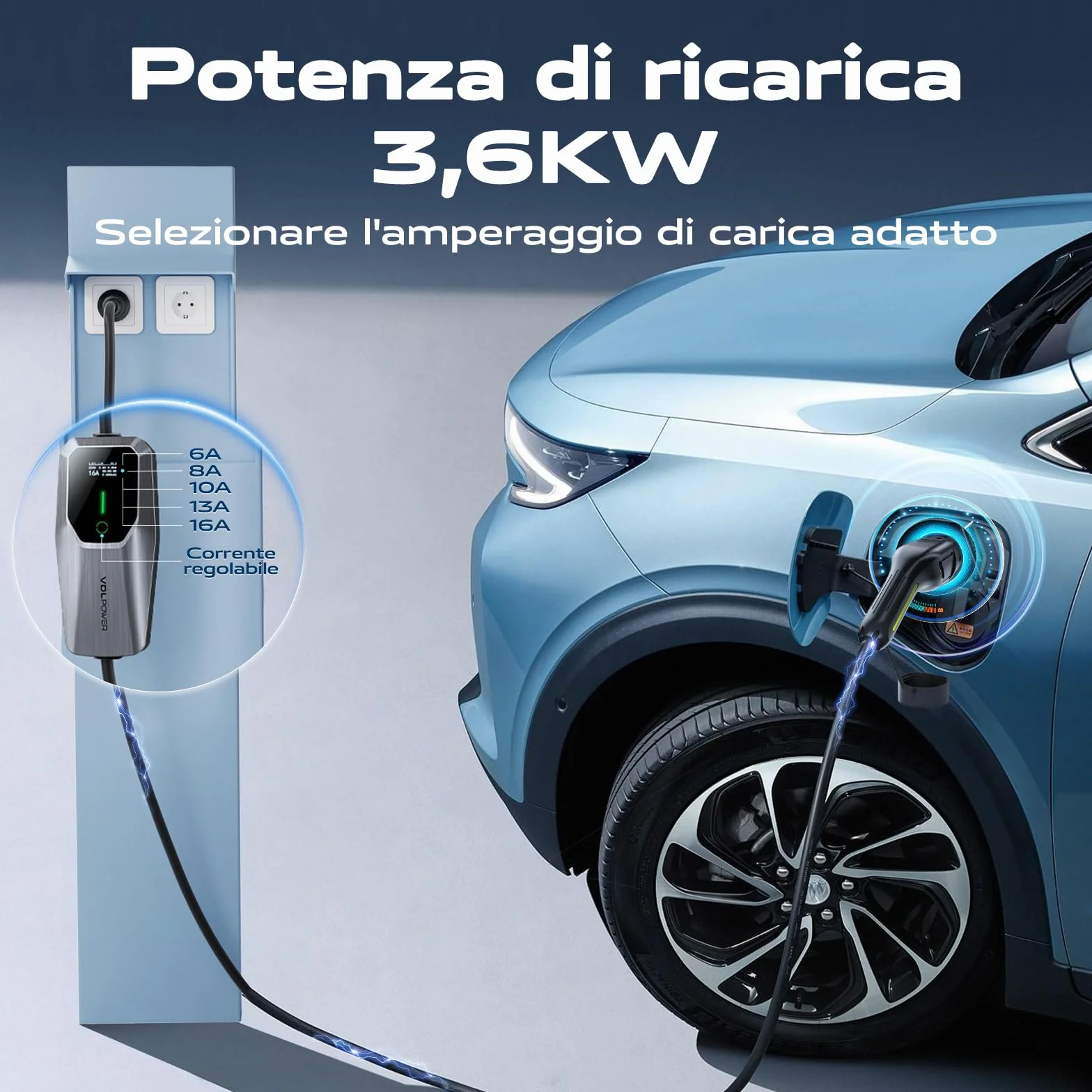 Colonnina Ricarica Auto Elettrica 3.6KW 5M Cavo Tipo 2 Spina Schuko 6-16A Wall EV Box VDLPOWEREU Monofase IP65