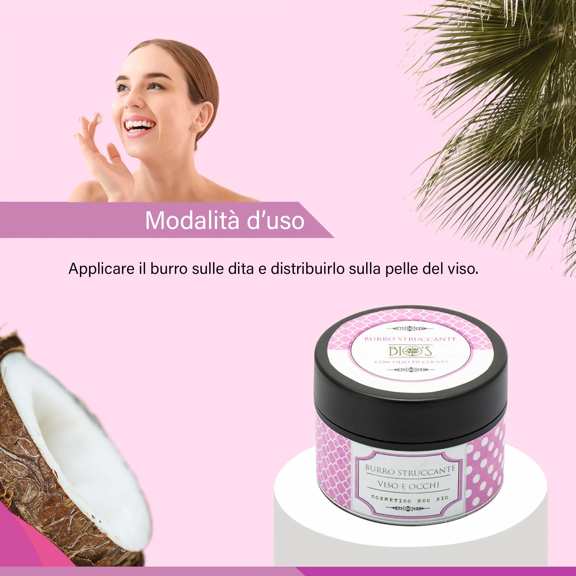 BIO'S Cosmetica Burro Struccante 100% Naturale 100 ML - Balsamo Struccante Skin Care Pulizia Viso - Burro Detergente a Base di Olio di Cocco - Pelle Morbida e Idratata, Dermatologicamente Testato.