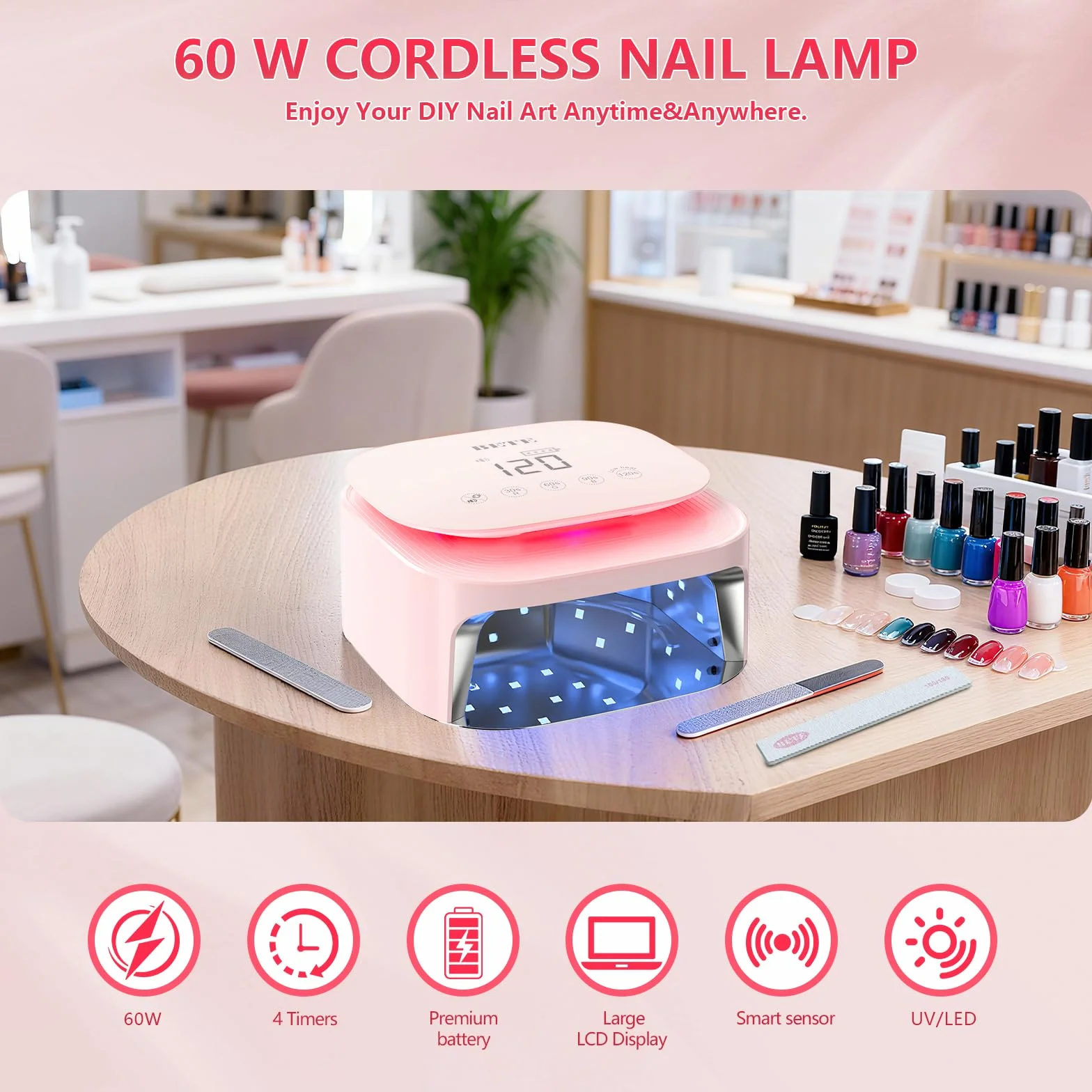 Lampade UV LED wireless BETE 60W - Asciugatore per smalto gel ricaricabile con sensore automatico, 30 perle e 4 regolazioni del timer portatile per uso domestico/salon Rosa