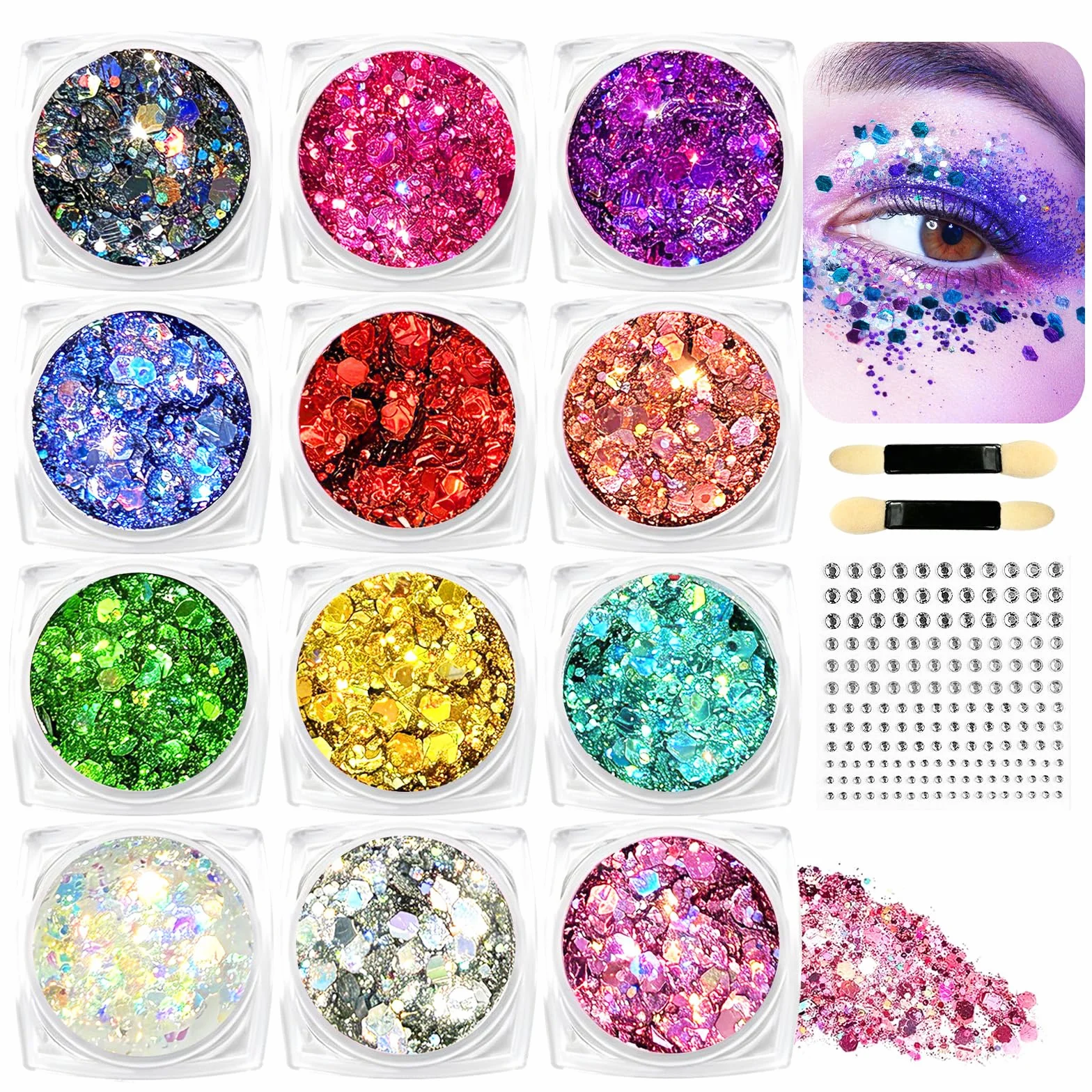 Glitter Viso Make up in Gel 12 colori Glitter per Corpo e Capelli Autoadesivo con Scintillii, Impermeabile 1 Fogli Adesivi con Strass per Trucco Professionale per Trucco Festival