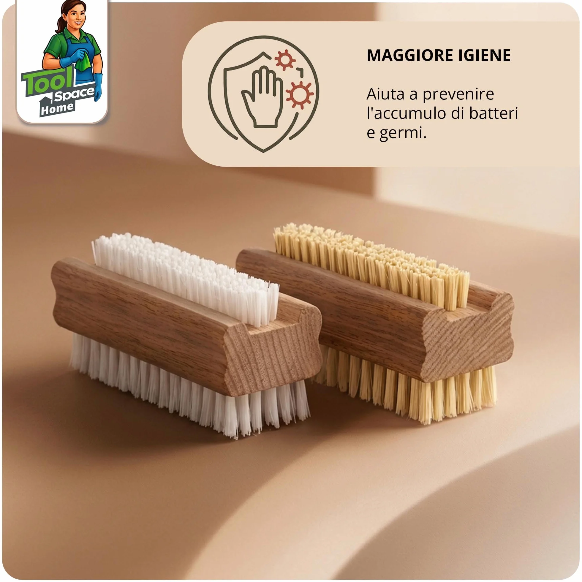 ToolSpace Spazzola per la Mano in Legno Faggio Spazzolina per Pulizia Unghie Mani e Piedi Setole Naturale Manicure Pedicure