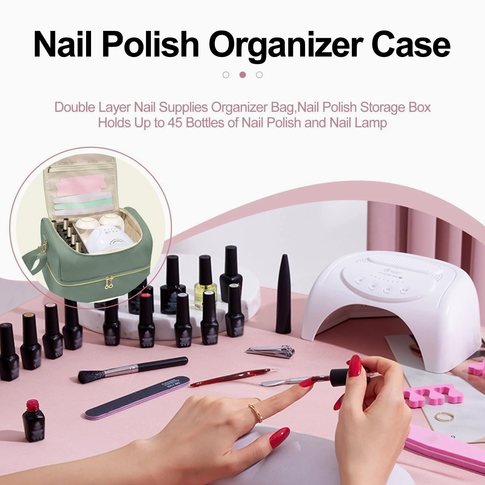 Organizzatore Smalti Borsa Portaoggetti A Doppio Strato for Unghie, Contiene 45 Flaconi Porta Smalti per Unghie(Black)