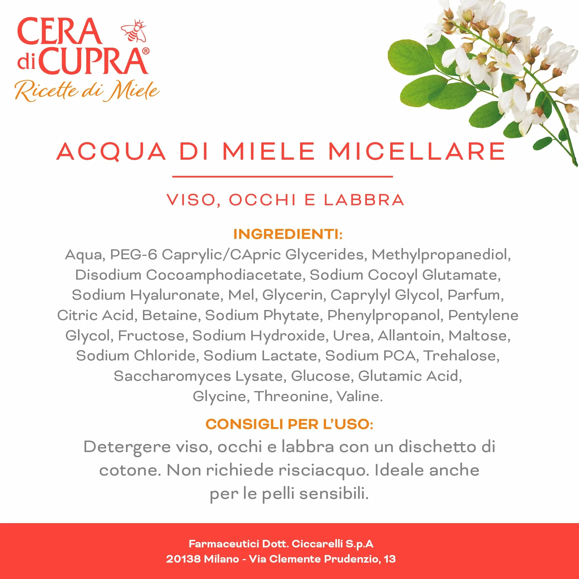 Cera di Cupra Acqua di Miele Micellare 200 ml Deterge Trucco Impurità Viso Occhi Labbra
