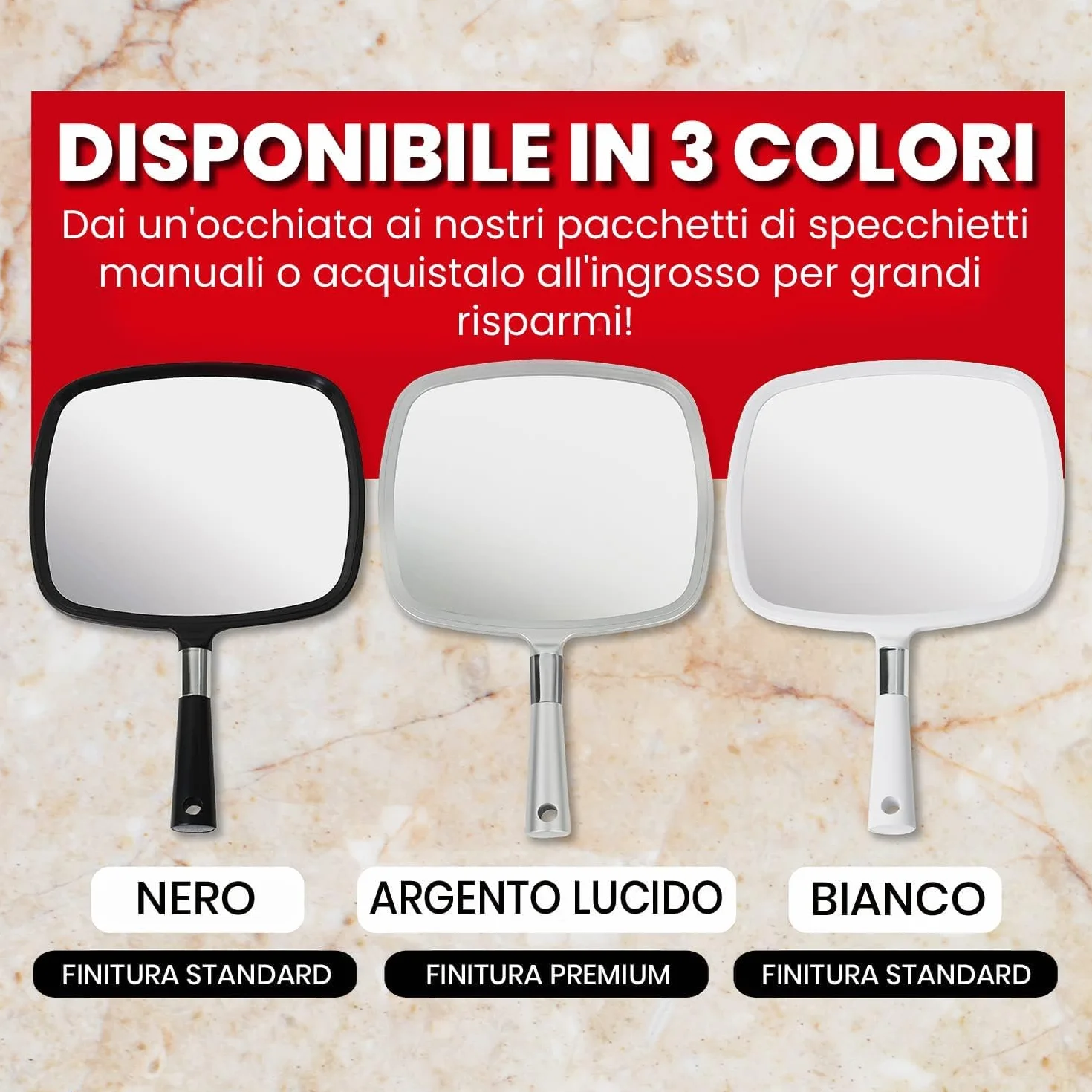 Specchio a mano portatile grande per trucco Mirrorvana con manico ergonomico argento