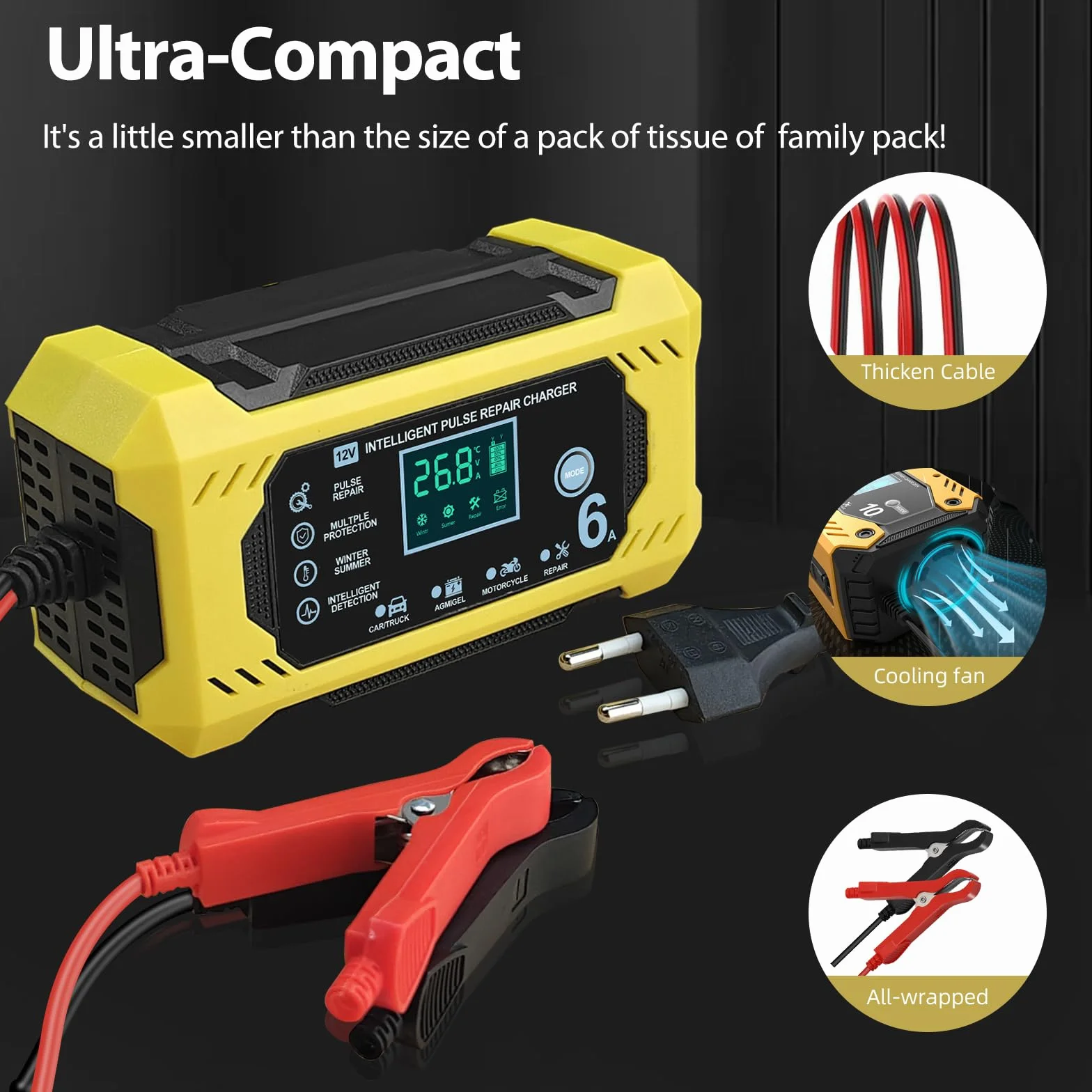 Carica Batteria per Auto 12V 6A Caricabatterie Intelligente con Schermo LCD Touch Screen Rilevamento Automatico Riparazione Manutenzione