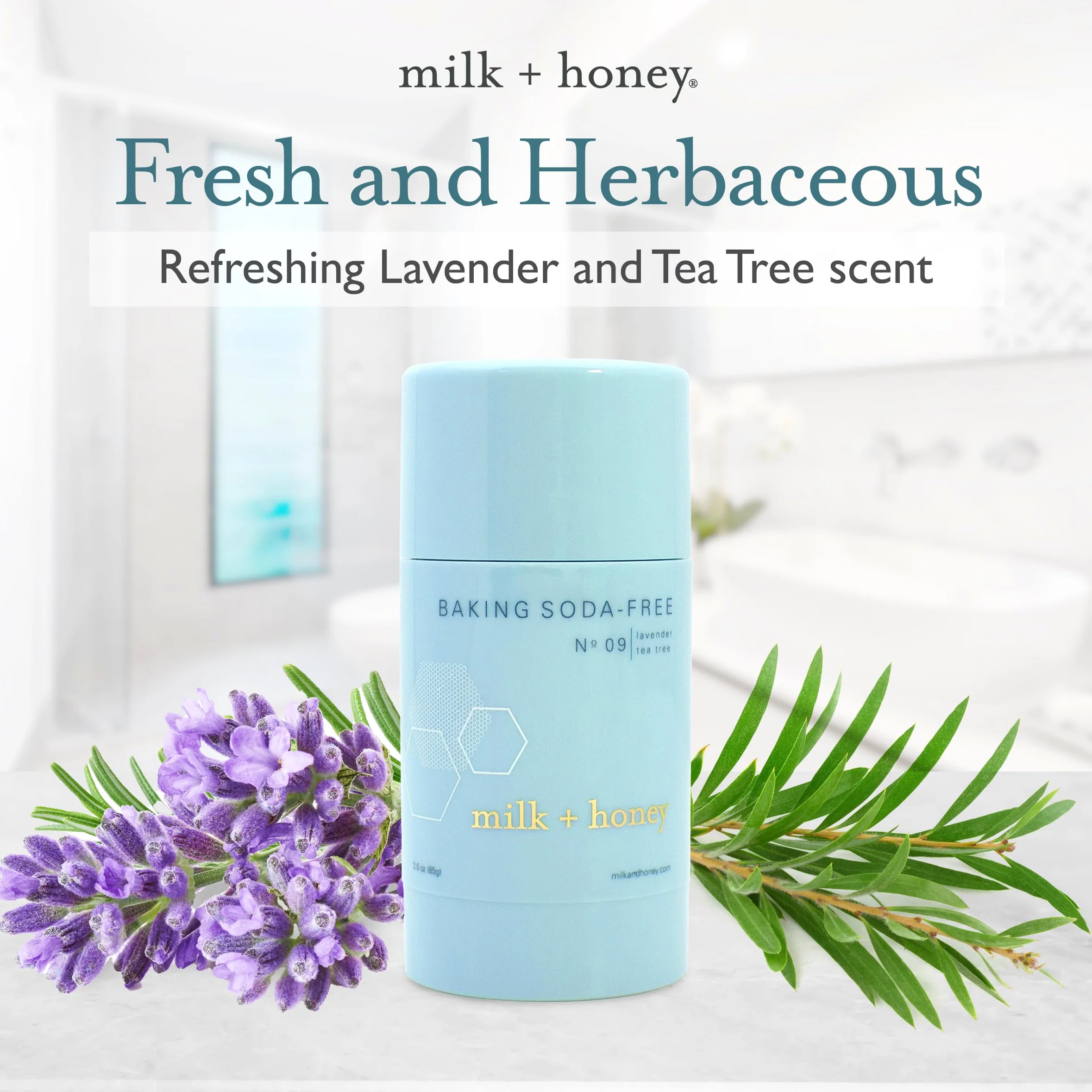 milk + honey Baking Soda Free, Deodorante senza alluminio, n. 09, con lavanda e oli per tè, deodorante naturale per donne e uomini, 3,0 Oz