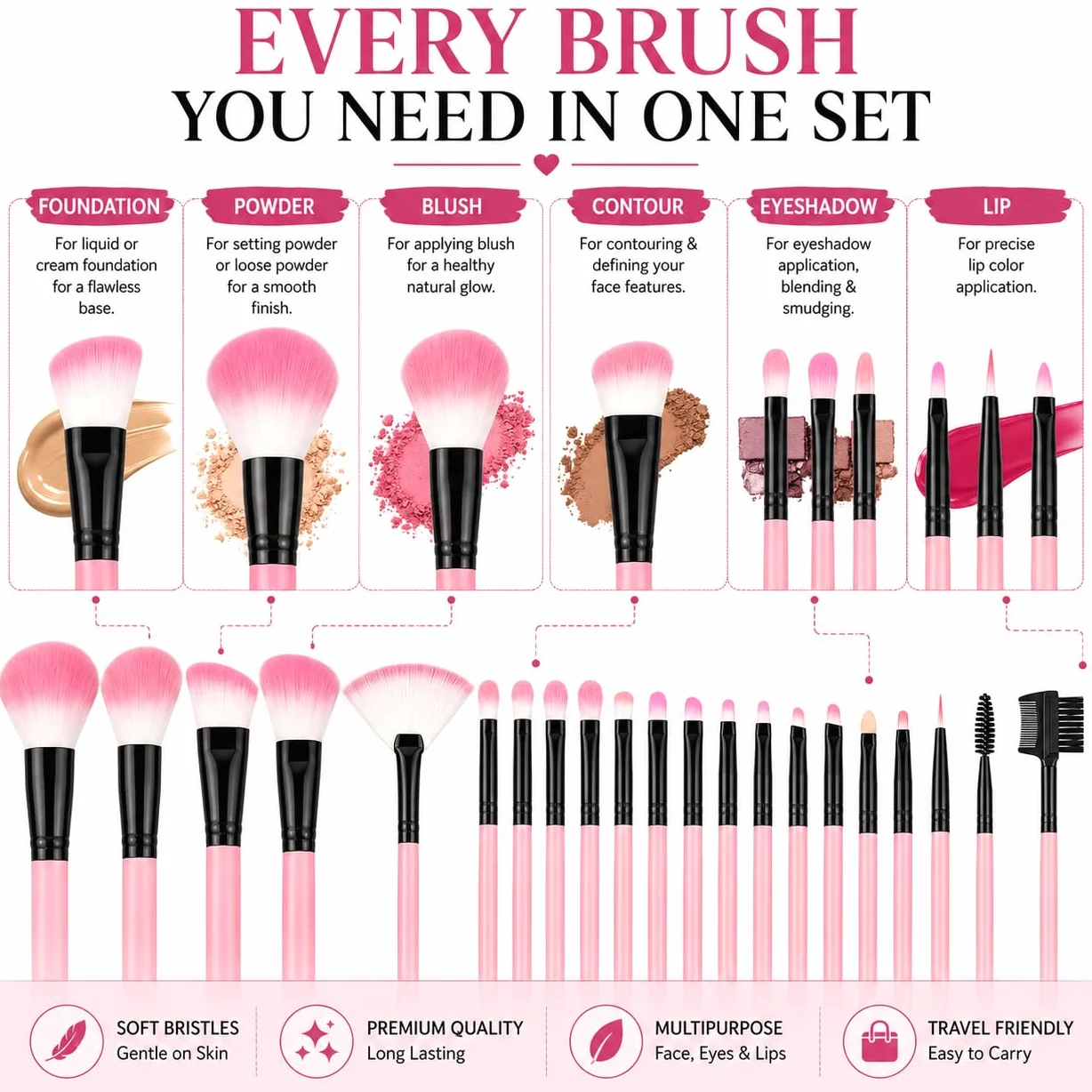 Set di 24 pennelli da trucco professionali con custodia da viaggio in pelle PU di alta qualità, morbide setole vegane, kit di pennelli per trucco viso e occhi, per donne e ragazze, borsa compatta