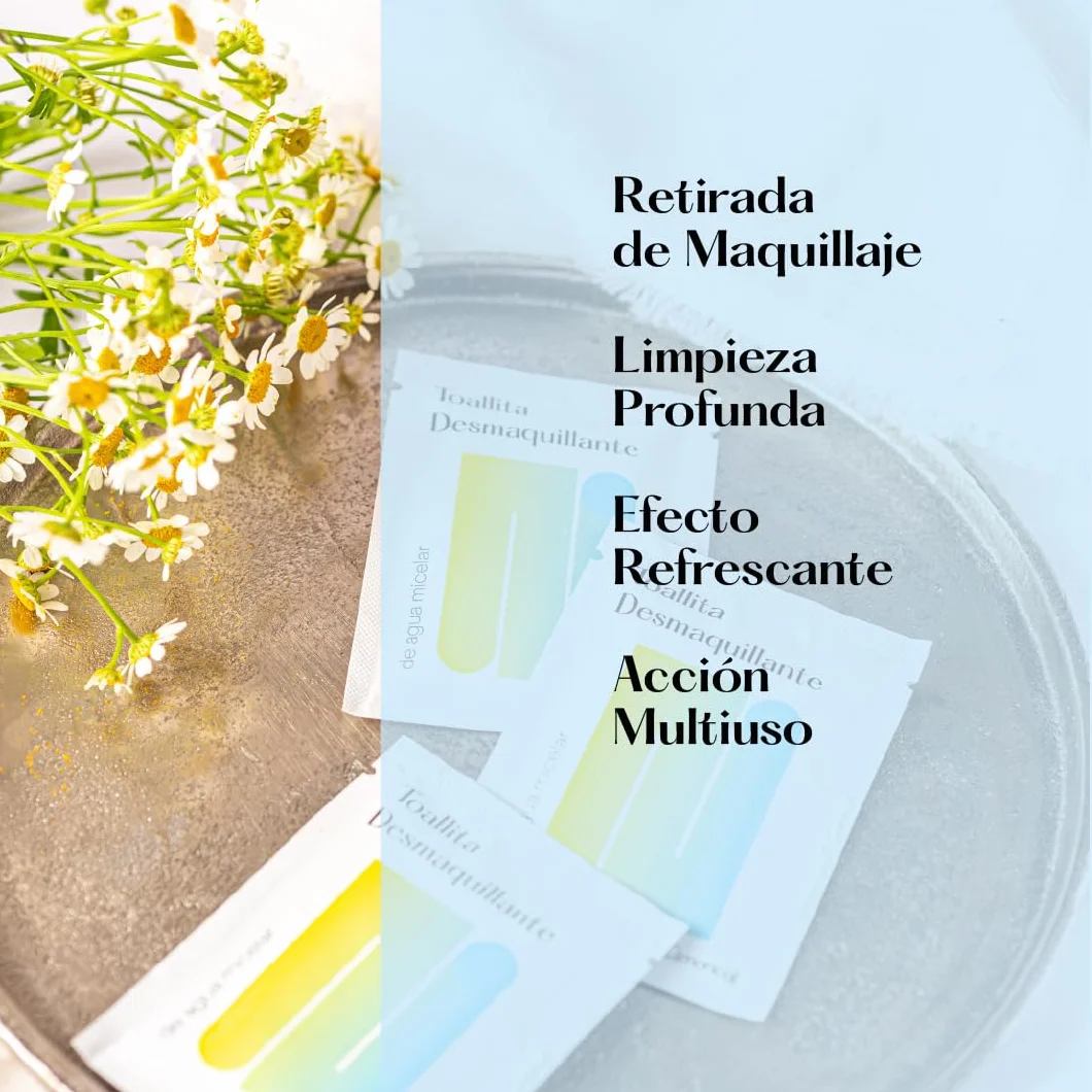 Salviette struccanti con acqua micellare per viso e collo, monodose singola senza risciacquo, 100% viscosa, biodegradabile, pulizia del viso e rimozione del trucco, 50 pezzi