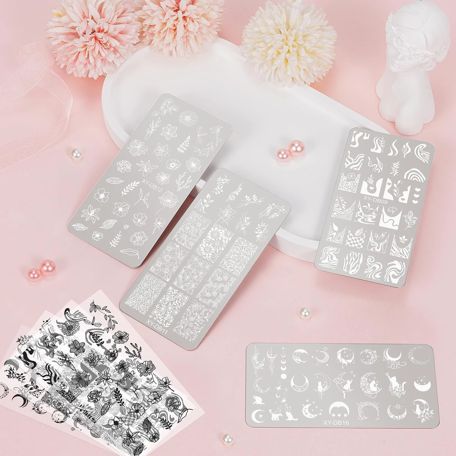 MWOOT 4 Pezzi Stamping Nail Art, Linee Fiore Foglie Luna Gatto Stencil Unghie Nail Art, Unghie Piastre French Manicure Nail Piastra, Unghie Timbro Scraper Piatti Templates per Decorazione Unghie
