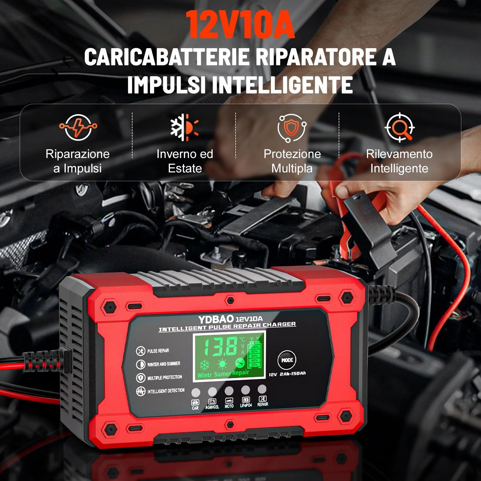 Caricabatterie Auto 10A 12V Multi Protezioni Intelligente Mantenitore con Schermo LCD per Moto Barche AGM LiFePO4