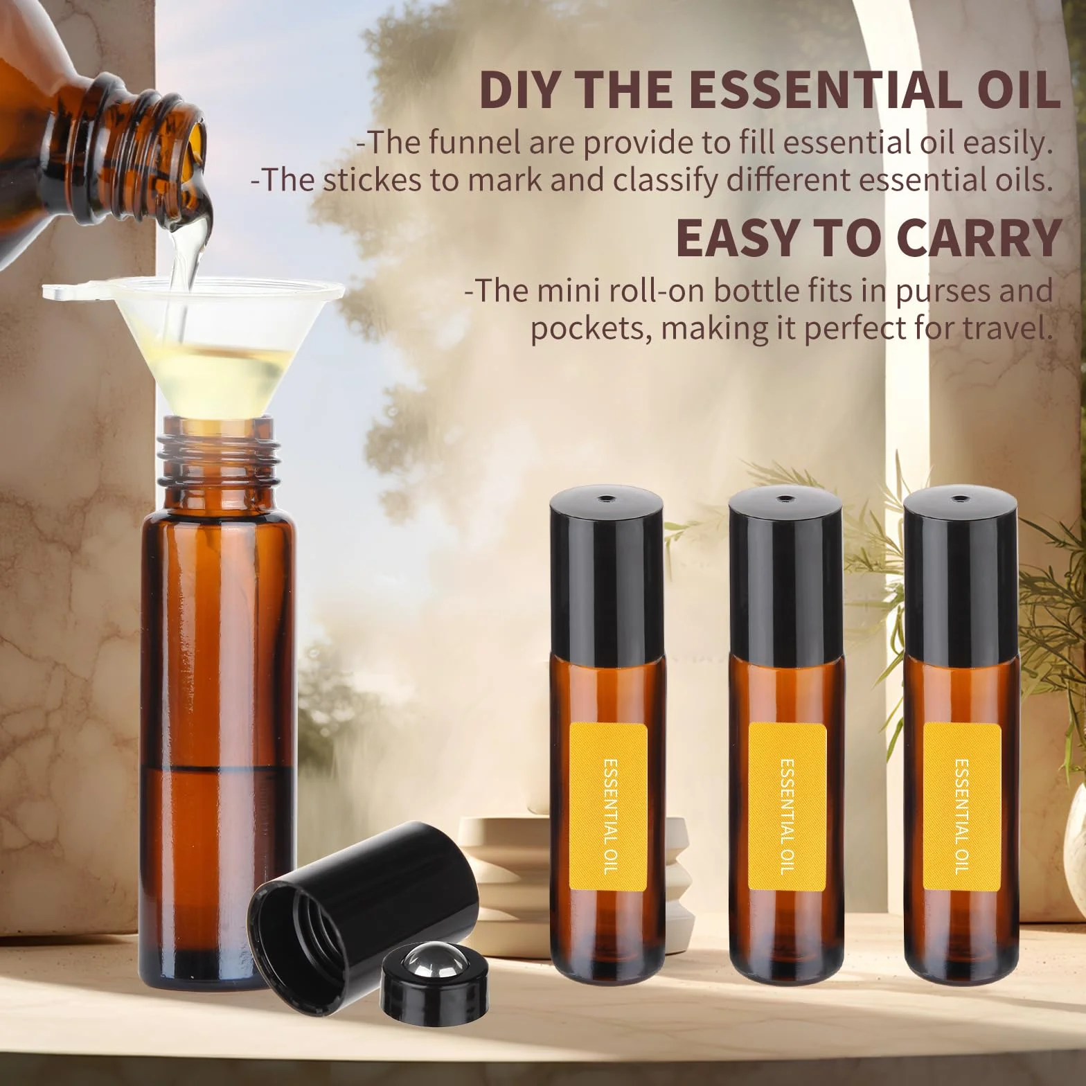 Hyber&Cara 4Pcs 10ml Roll On Vuoto per Oli Essenziali Ambra Bottiglie Vuote in Vetro, Bottiglie Flaconcini Vuoti Per Oli Essenziali, Profumi, Liquidi(incluso 1 apribottiglie, adesivo e 1 imbuto)