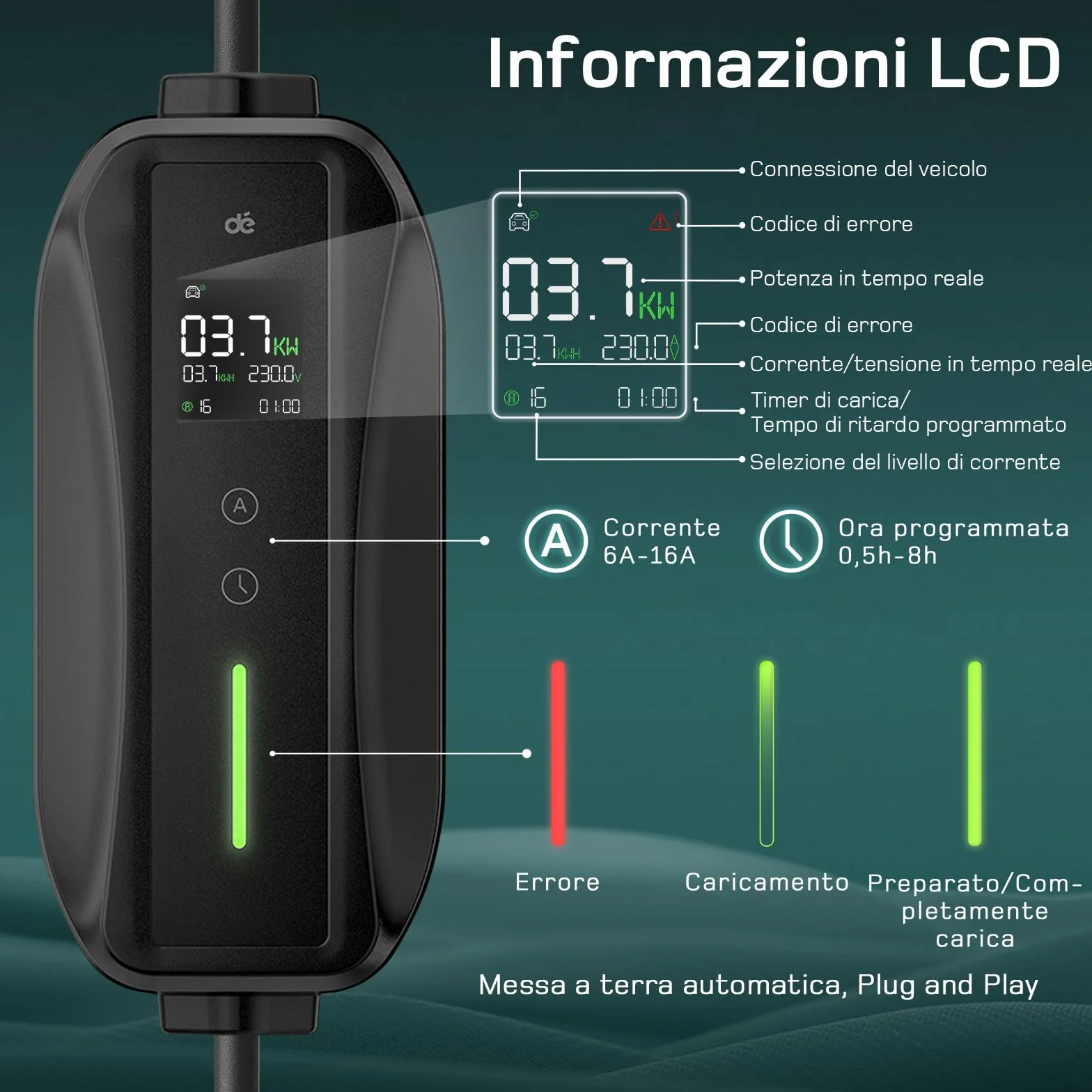 Cavo Ricarica Auto Elettrica Tipo 2 Schuko 6m 3,7kW 6-16A Wallbox Portatile LCD Digitale
